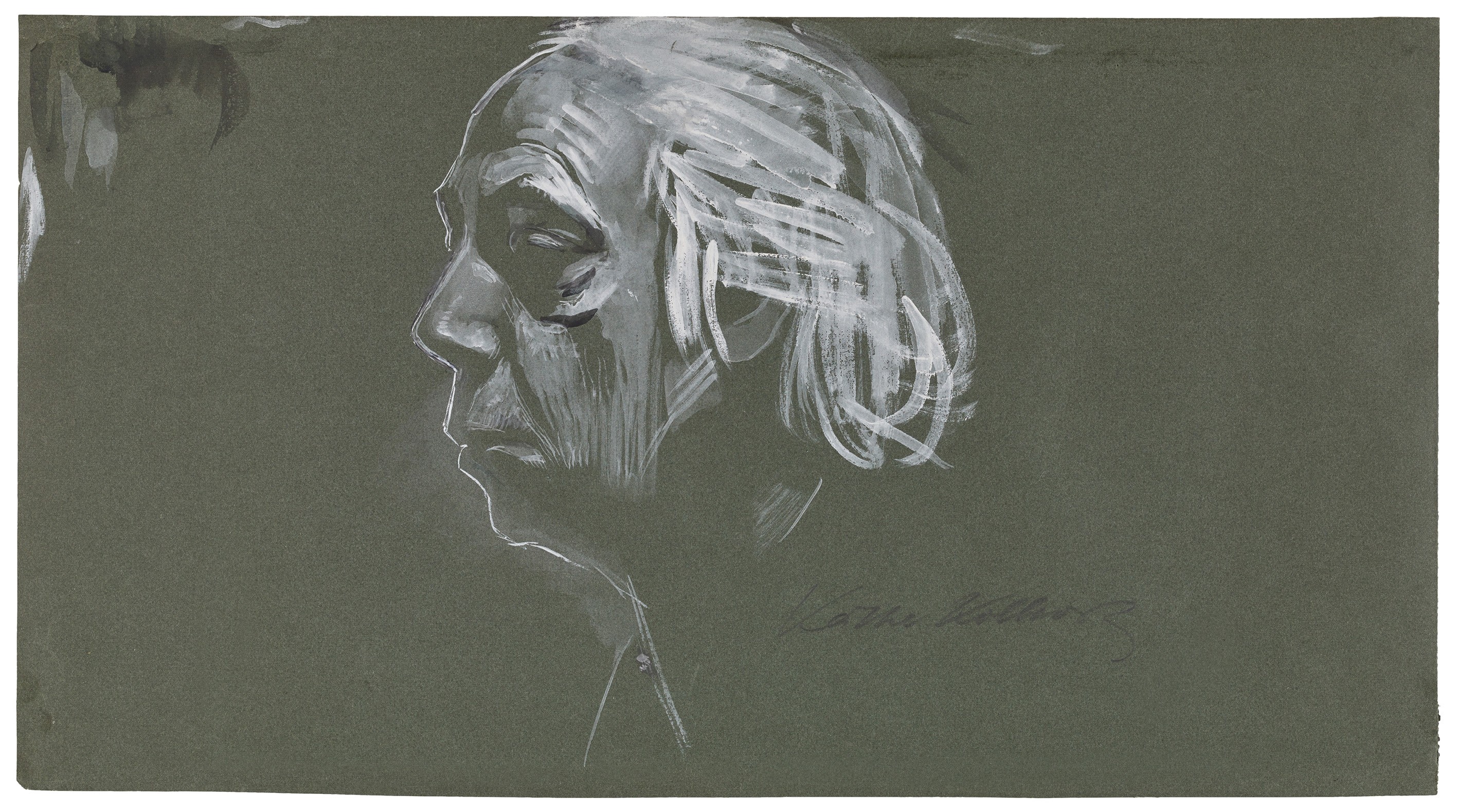 Käthe Kollwitz, Self-Portrait in profile, looking left, 1924, brush and opaque white, partly washed in black, on dark-green drawing paper, 260 x 473 mm, NT 1001, Kollwitz Museum Köln, Inv. Nr. 70200/90008.