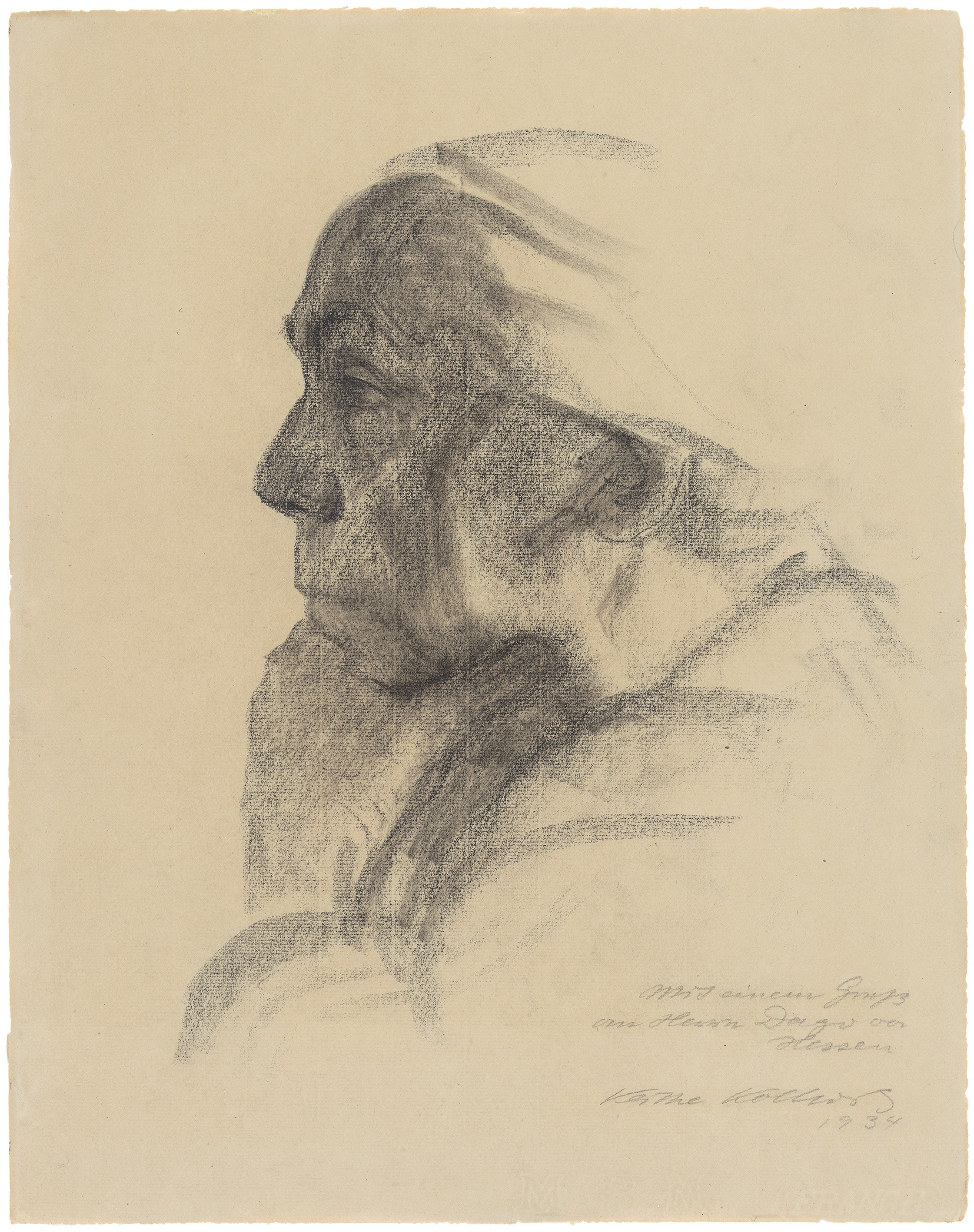 Käthe Kollwitz, Self-Portrait, 1934, charcoal, washed, on laid paper, NT (1240a), Kollwitz Museum Köln, Inv. Nr. 70200/18001.
