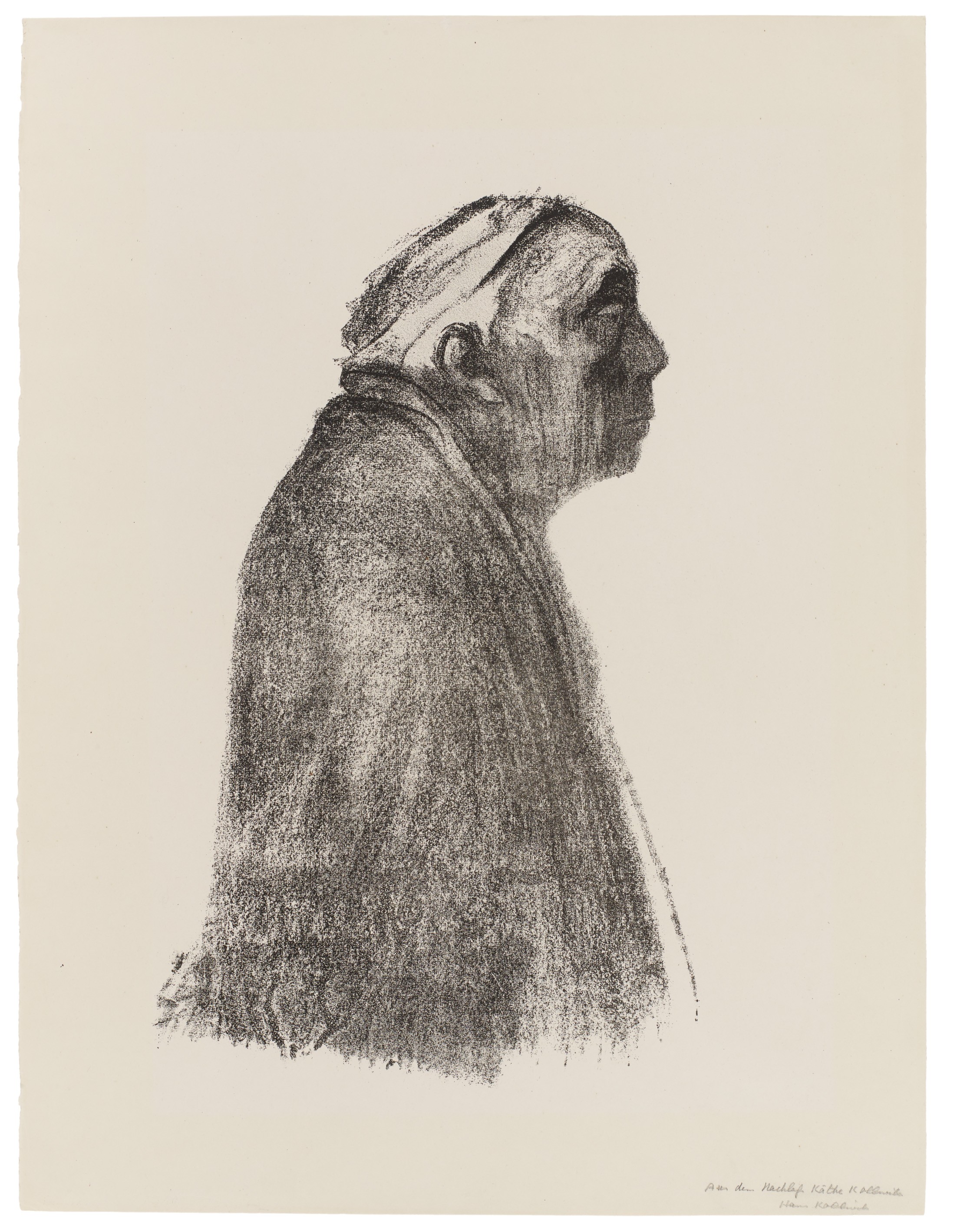 Self-Portrait in Profile towards right, 1938, crayon lithograph (transfer), Kn 273 III, 475 x 290 mm, Kn 273 III b, Kollwitz Museum Köln, Inv. Nr. 70300/89001.