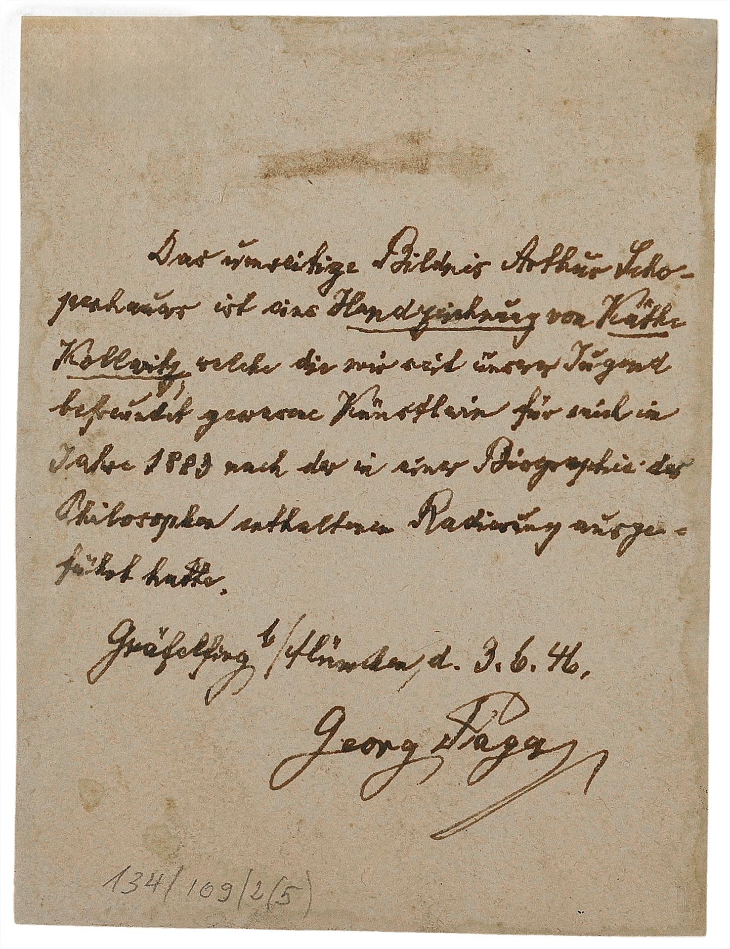 Note by Georg Paga, 1946, on the reverse of: Käthe Schmidt (Kollwitz), »Arthur Schopenhauer«, 158 × 120 mm, Kollwitz Museum Köln, gift of Brian McCrindle 2025.
