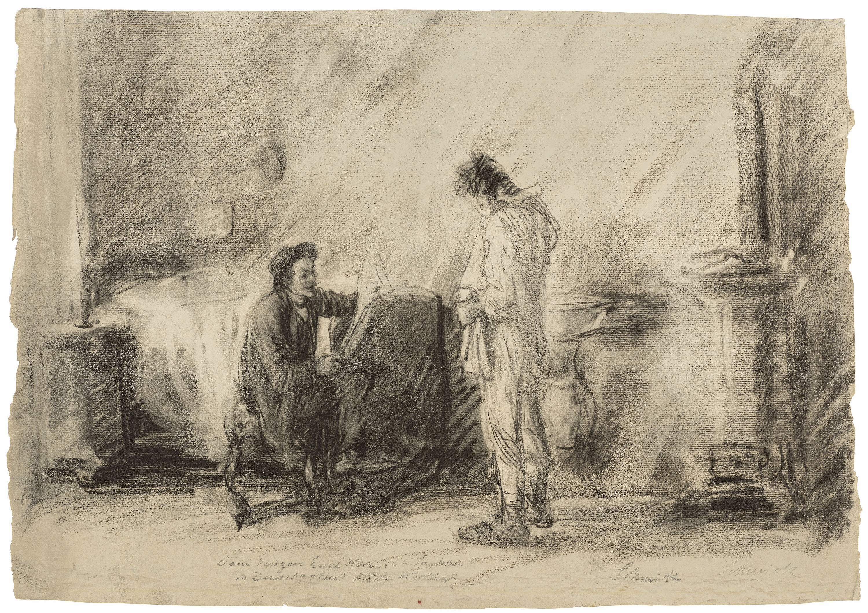 Käthe Kollwitz, The Kaiser's Birthday (Two Men), probably 1886/88, charcoal, partly wiped on yellowish Ingres laid paper, 369 x 522 mm, not listed in the Catalogue Raisonné, Kollwitz Museum Köln, Inv. Nr. 70200/22002.