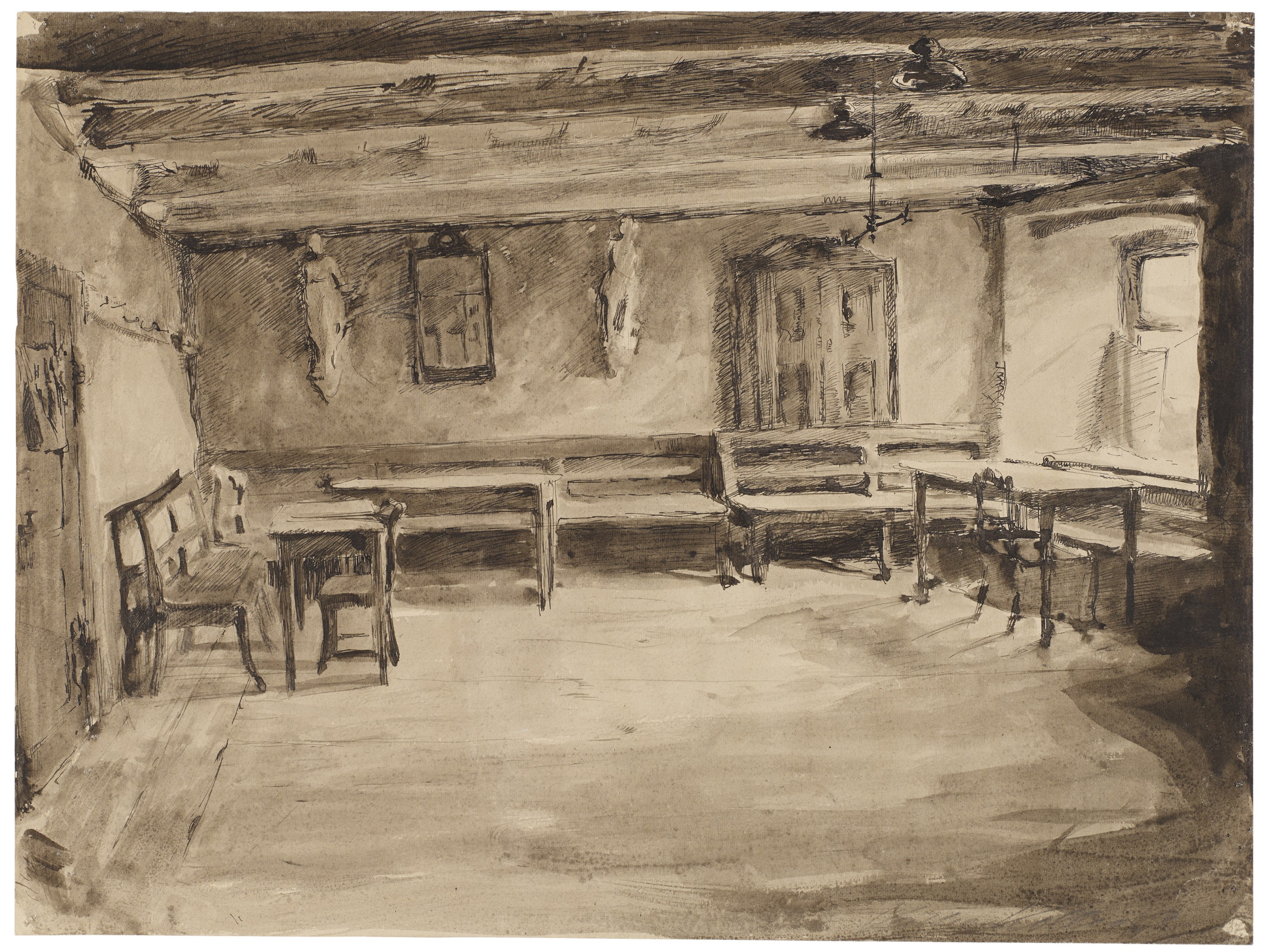Käthe Kollwitz, Königsberg Tavern, c. 1891, pen and black ink with grey wash on drawing board, 348 × 465 mm, NT (52a), Kollwitz Museum Köln, Inv. Nr. 70200/96014.