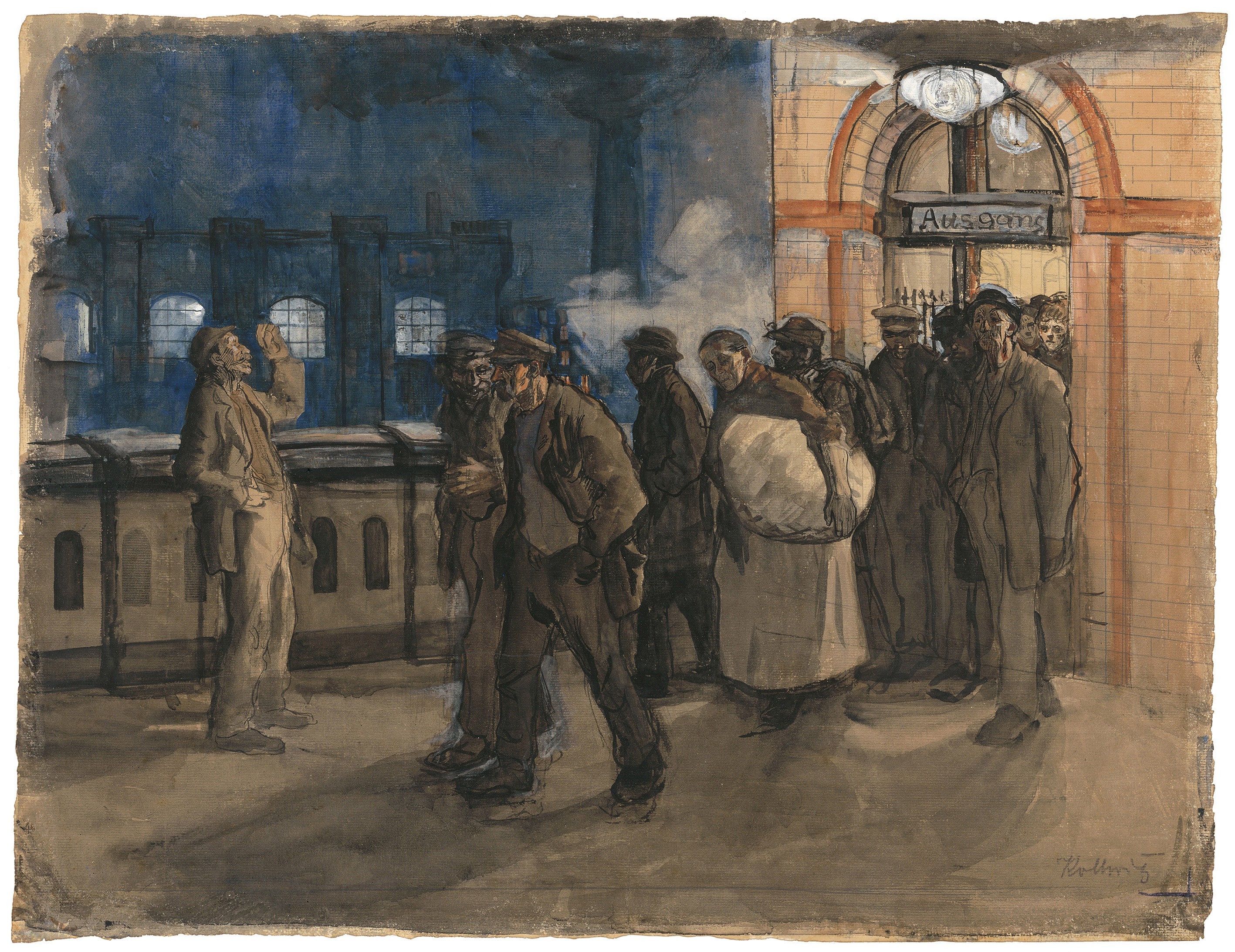 Käthe Kollwitz, Workers coming from the Station (Prenzlauer Allee Station), 1897–99, brush and watercolour, heightened with white, on Ingres paper, 540 x 400 mm, NT 146, Kollwitz Museum Köln, Inv. Nr. 70200/97002.