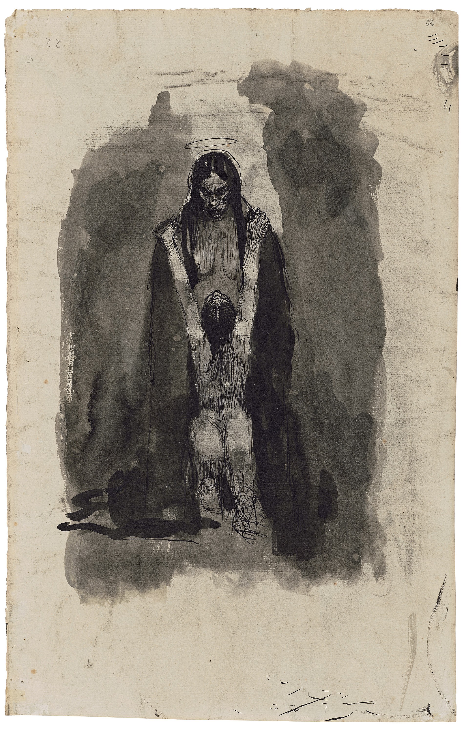 Käthe Kollwitz, Woman kneeling before a Female Deity, c. 1889, pen, brush and ink on laid paper, 480 x 305 mm, NT 16, Kollwitz Museum Köln, on permanent loan from the artist’s family 