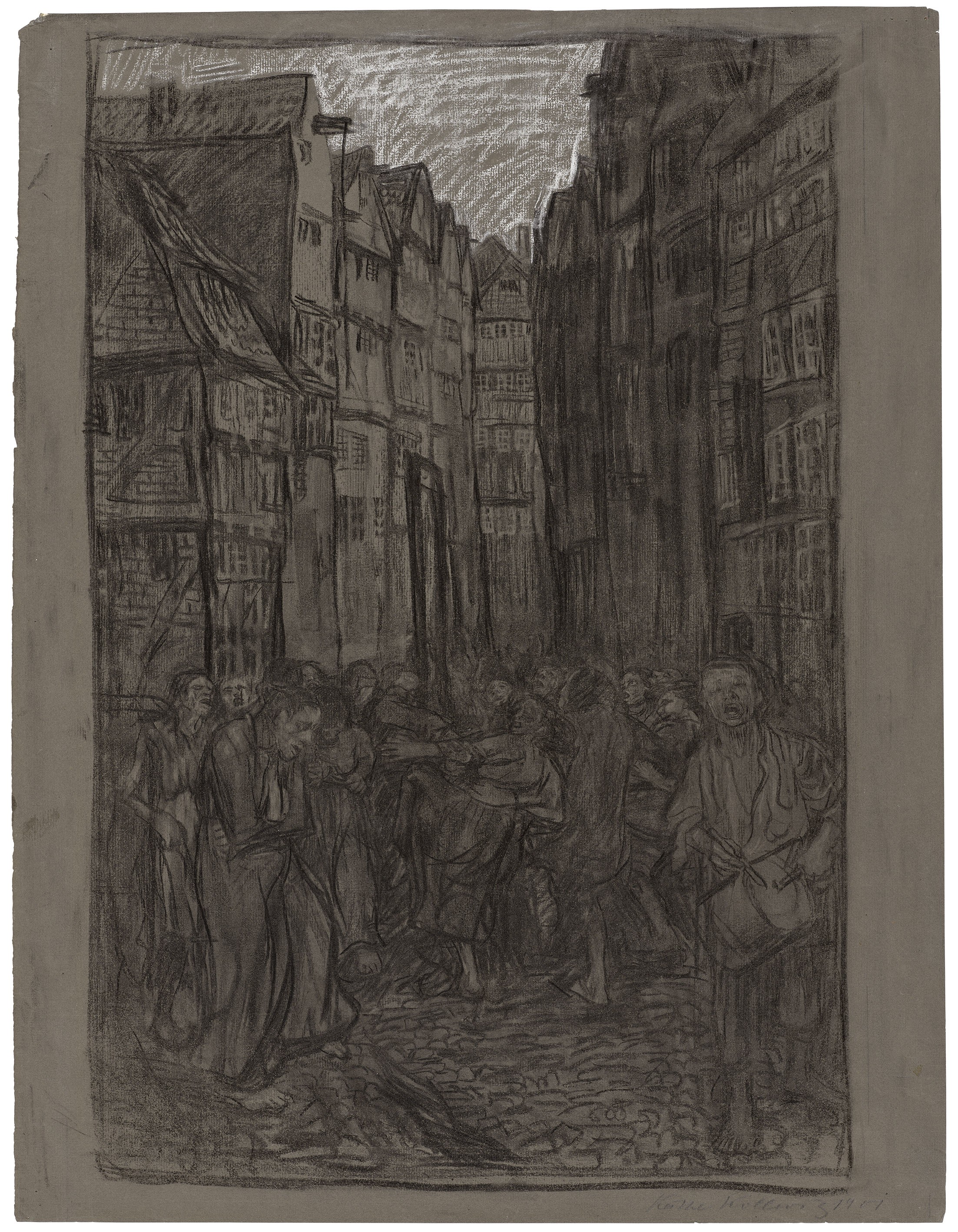 Käthe Kollwitz, Dance Around the Guillotine, 1901, brush in ink, charcoal and white chalk on dark grey laid paper, 557 x 428 mm, NT 178, Kollwitz Museum Köln, Inv. Nr. 70200/24003.