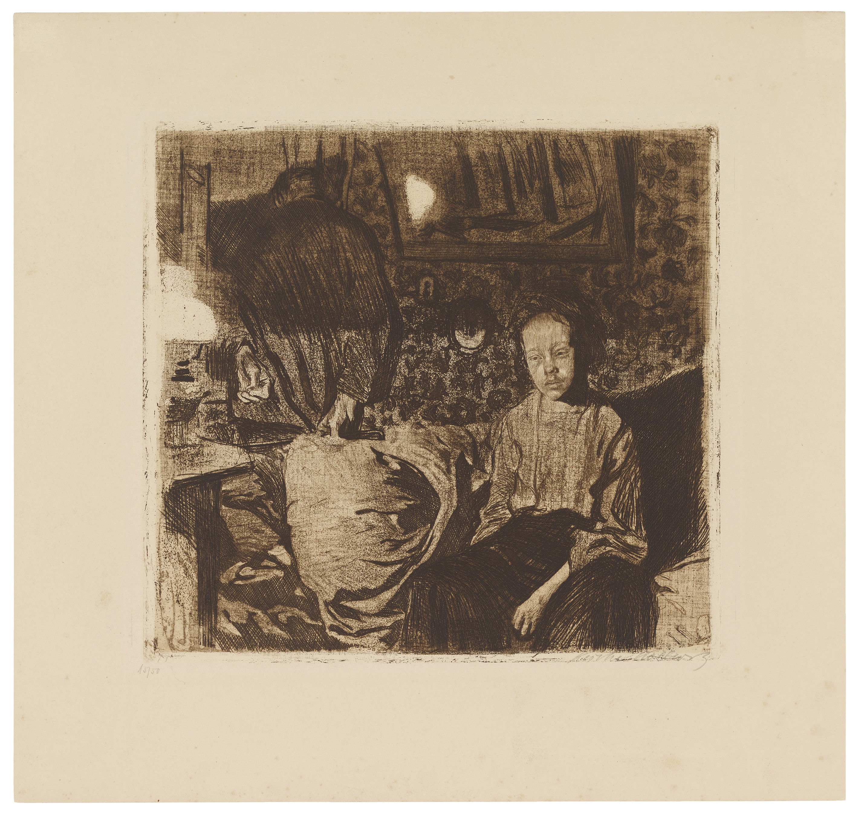 Käthe Kollwitz, Young Couple, 1904 ?, line etching, sandpaper, reservage and soft ground with imprint of fabric, 297 x 318 mm, Kn 83 III c, Kollwitz Museum Köln, Inv. Nr. 70300/85014.