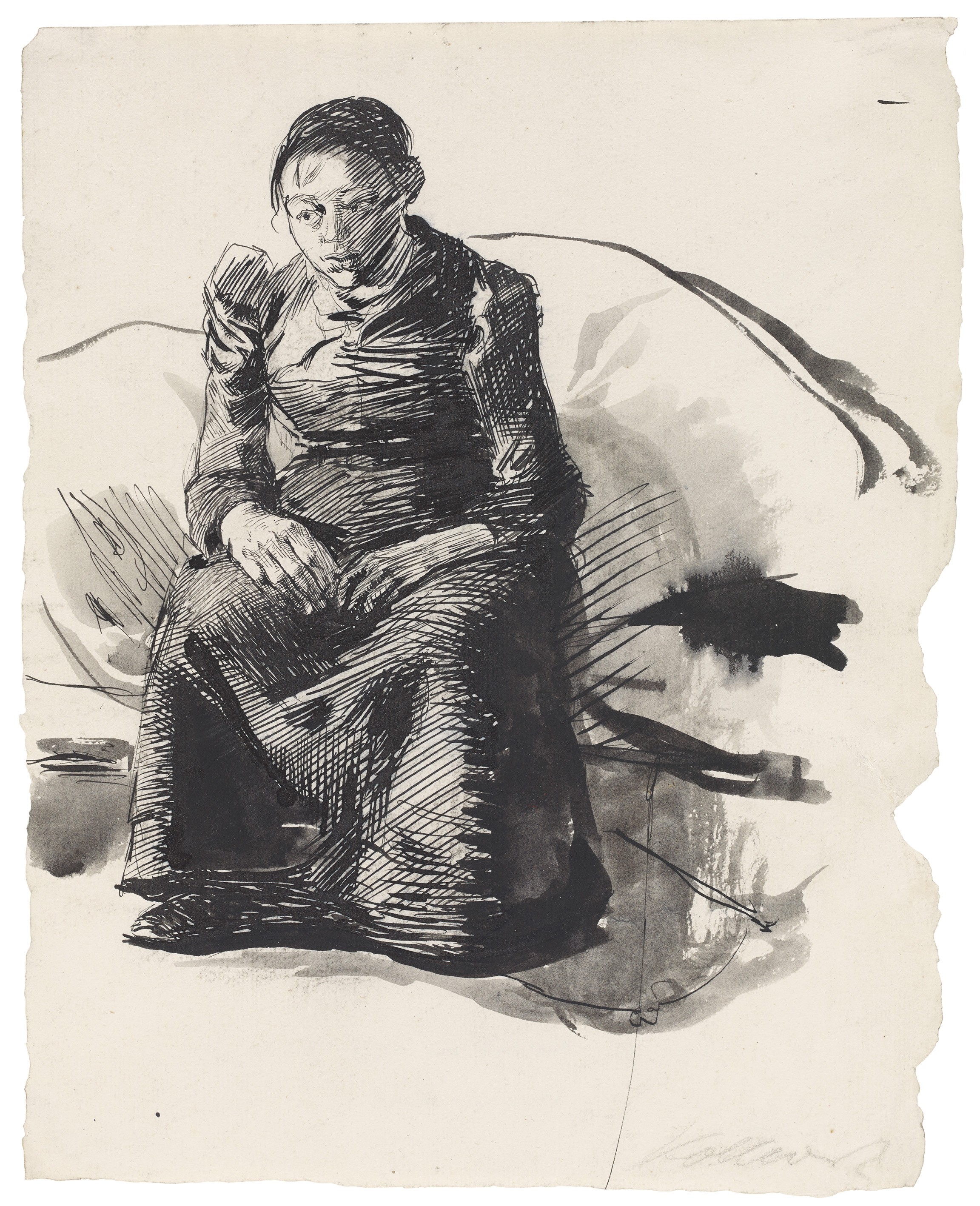 Käthe Kollwitz, Self-portrait, full length, seated, 1893, pen and ink, washed, on laid paper, 330 x 250 mm, NT 87, Kollwitz Museum Köln, Inv. Nr. 70200/84002.
