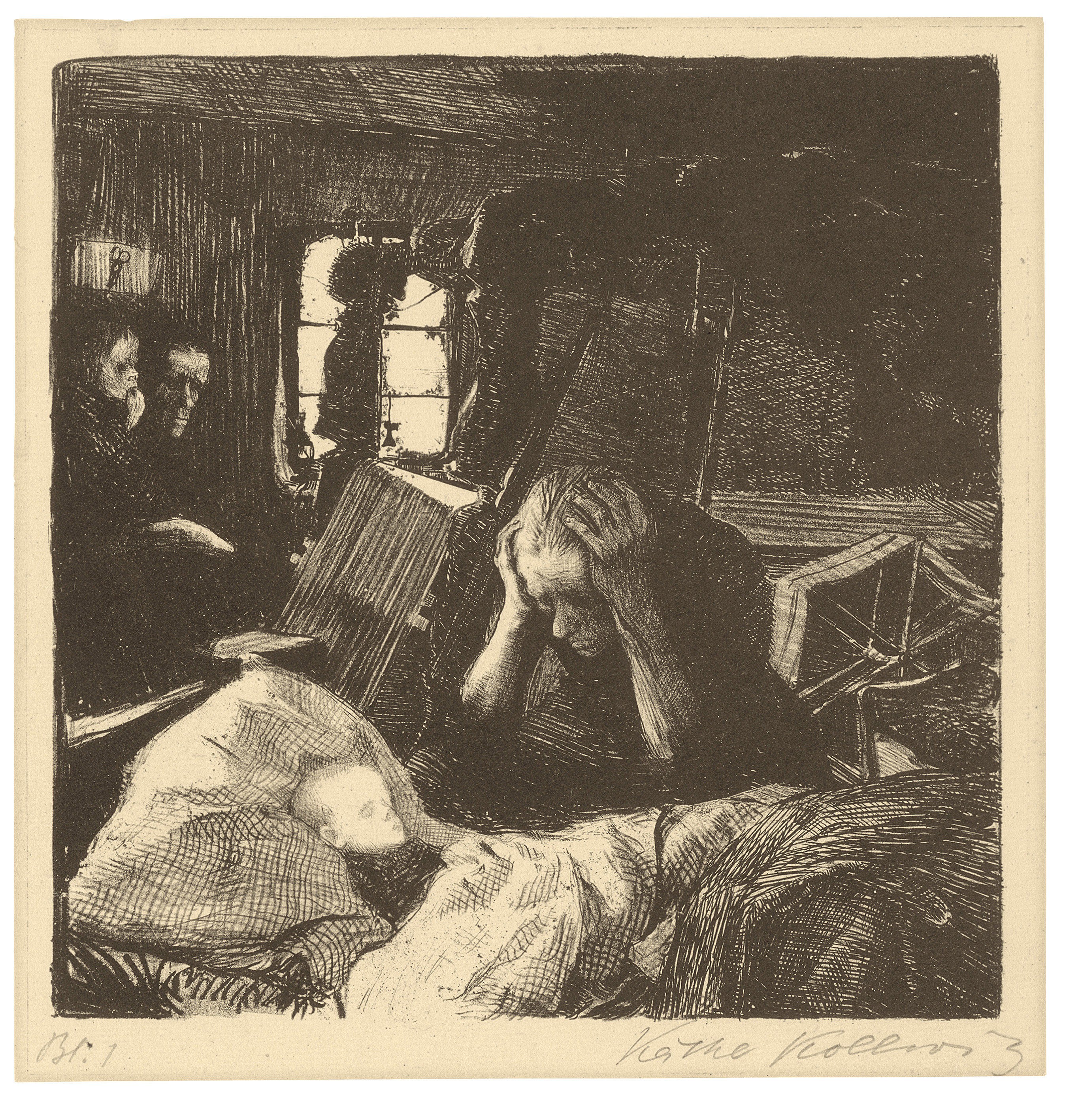 Käthe Kollwitz, Need, sheet 1 of the cycle »A Weavers’ Revolt«, 1893–97, chalk and pen lithograph, scraper and scraping needle, 154 x 153 mm, Kn 33 A III a, Kollwitz Museum Köln, Inv. Nr. 70300/84005.