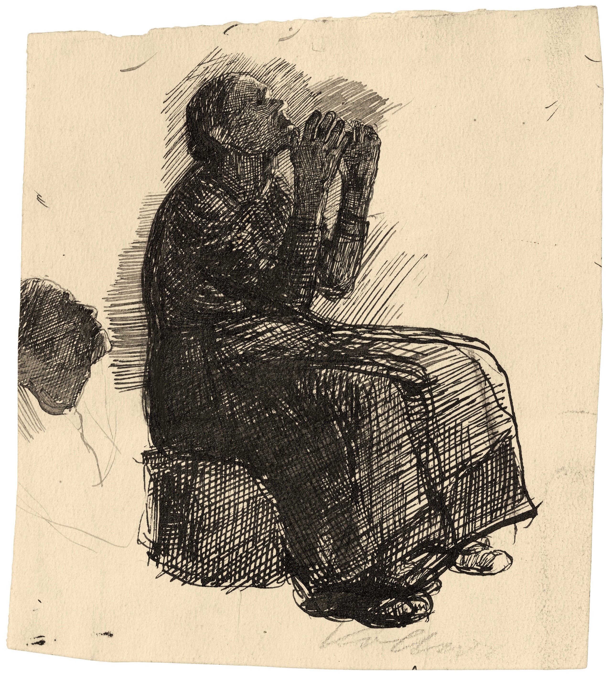 Käthe Kollwitz, Seated Woman, Her Arms Raised in Lamentation, detail study for the first version of the lithograph »Need«, 1895, pen and ink on drawing paper, NT 116, 155 x 141 mm, NT 116, Kollwitz Museum Köln, Inv. Nr. 70200/83003.
