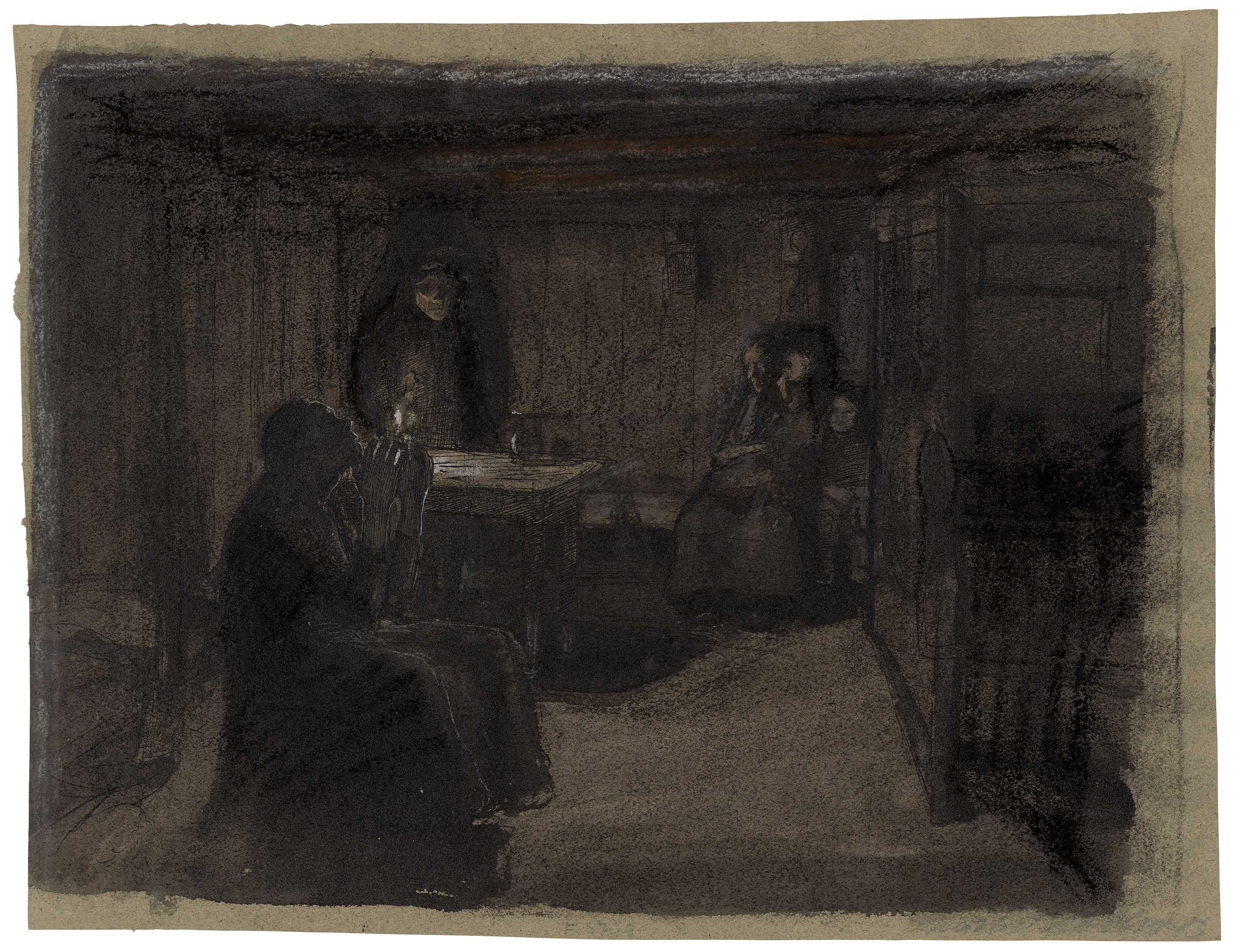 Käthe Kollwitz, Preparatory study for »Need«, sheet 1 of the cycle »A Weavers Revolt«, 1893, pen and black ink, washed, black and brown chalk, white highlights on drawing paper, 315 x 410 mm, NT (116a), Kollwitz Museum Köln, Inv. Nr. 70200/06001.