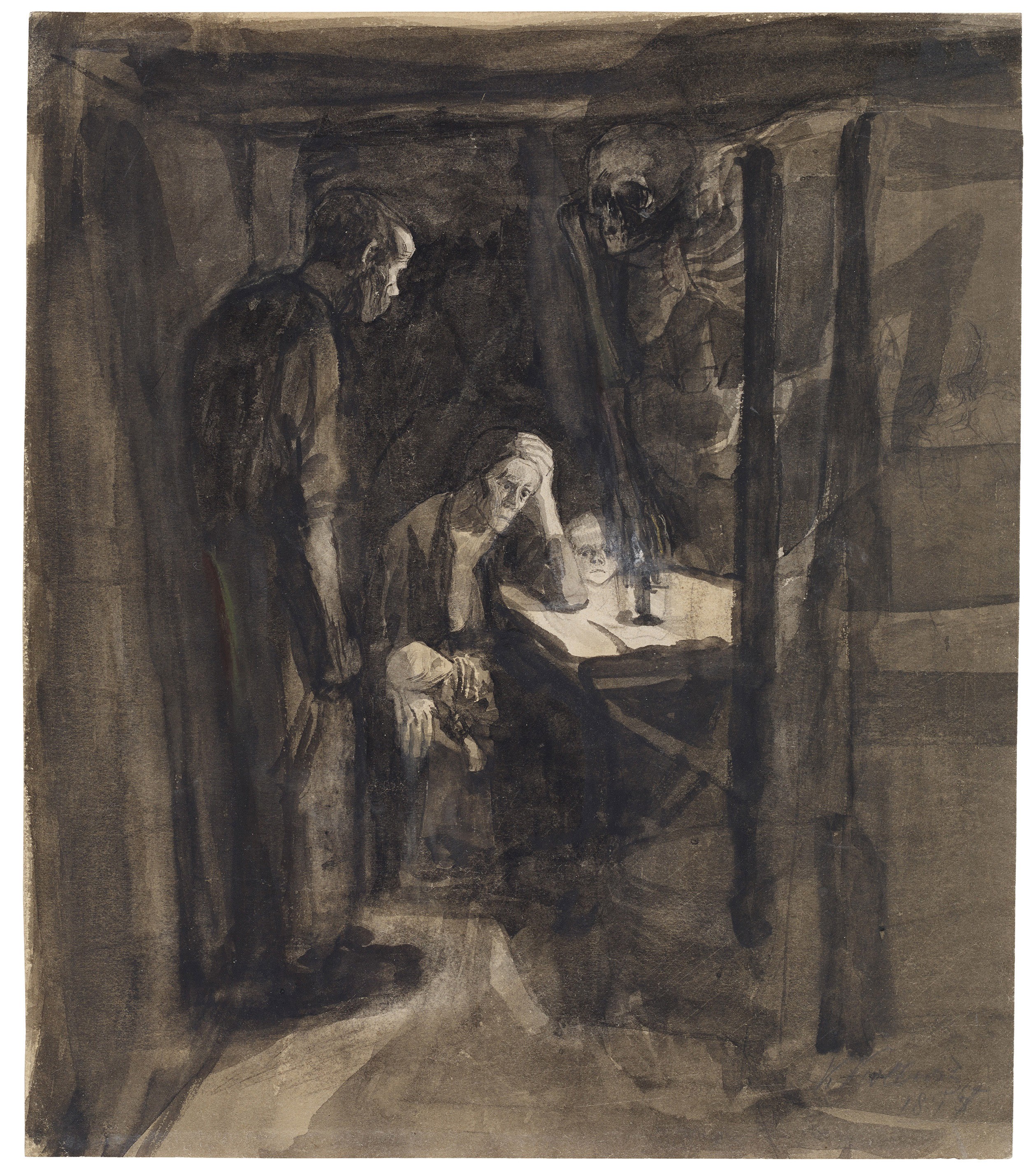Käthe Kollwitz, Death, preparatory study for sheet 2 of the cycle »A Weavers Revolt«, 1897, pen, brush and ink over pencil, partly reworked with opaque white and pastel, on wove paper, 255 x 220 mm, NT 137, Kollwitz Museum Köln, Inv. Nr. 70200/98005.