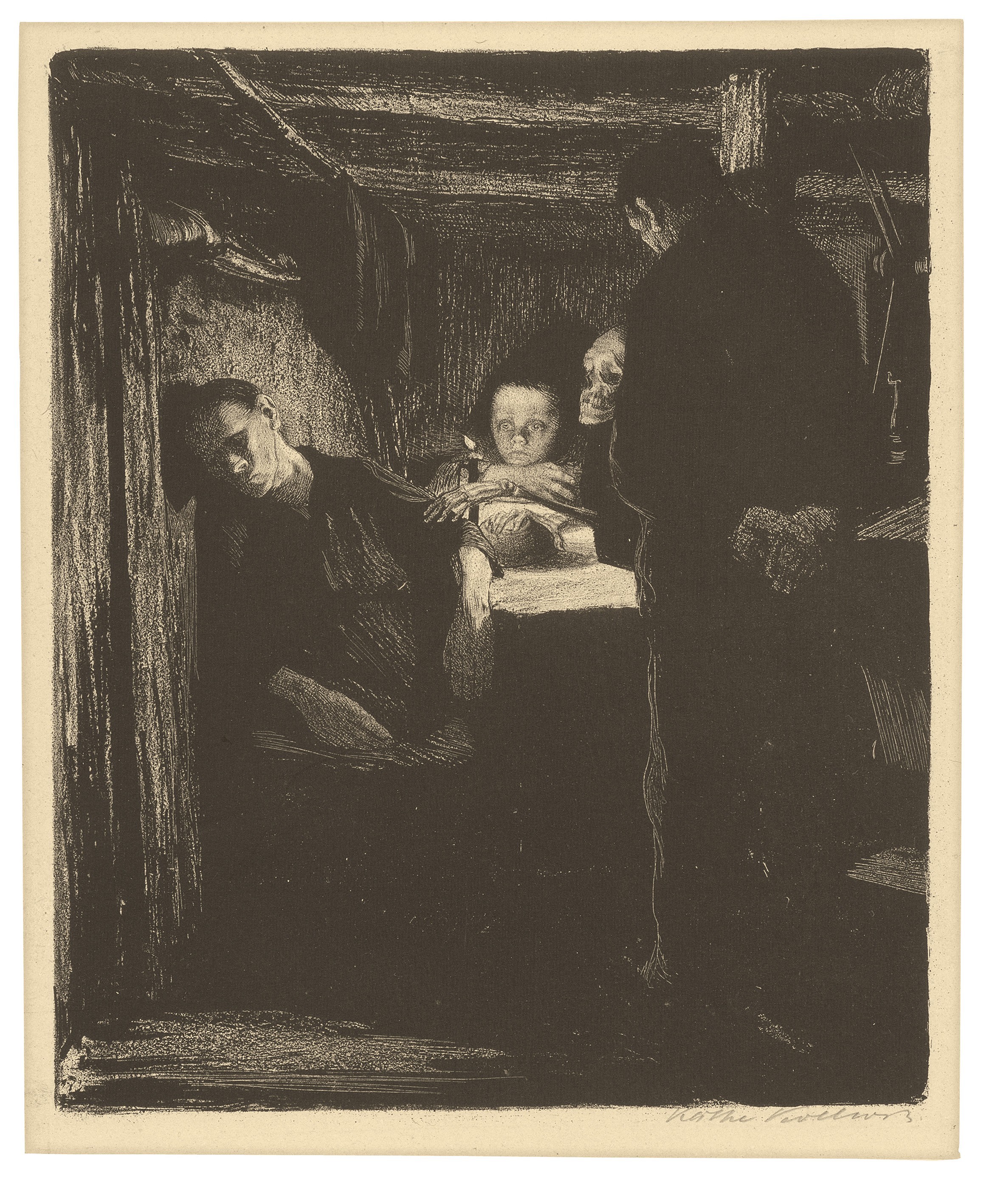 Käthe Kollwitz, Death, sheet 2 of the cycle »A Weavers’ Revolt«, 1893–97, crayon, pen and brush lithograph with scratch technique, 223 x 185 mm, Kn 34 A b, Kollwitz Museum Köln, Inv. Nr. 70300/90043.