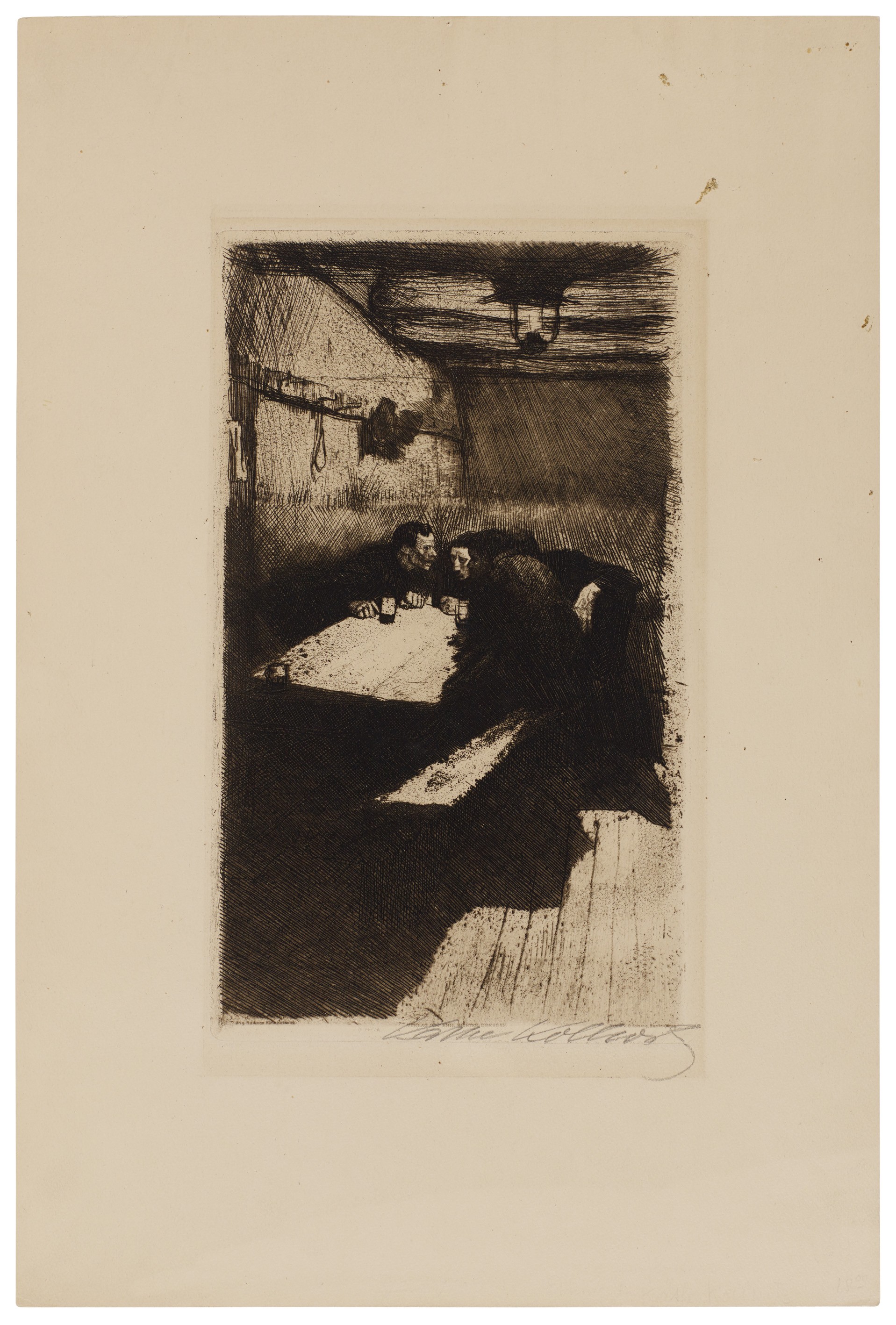 Käthe Kollwitz, Conspiracy, rejected first version for sheet 3 of the cycle »A Weavers' Revolt«, 1893–97, line etching, drypoint and emery, 296 x 180 mm, Kn 28 V, Kollwitz Museum Köln, Inv. Nr. 70300/84001.