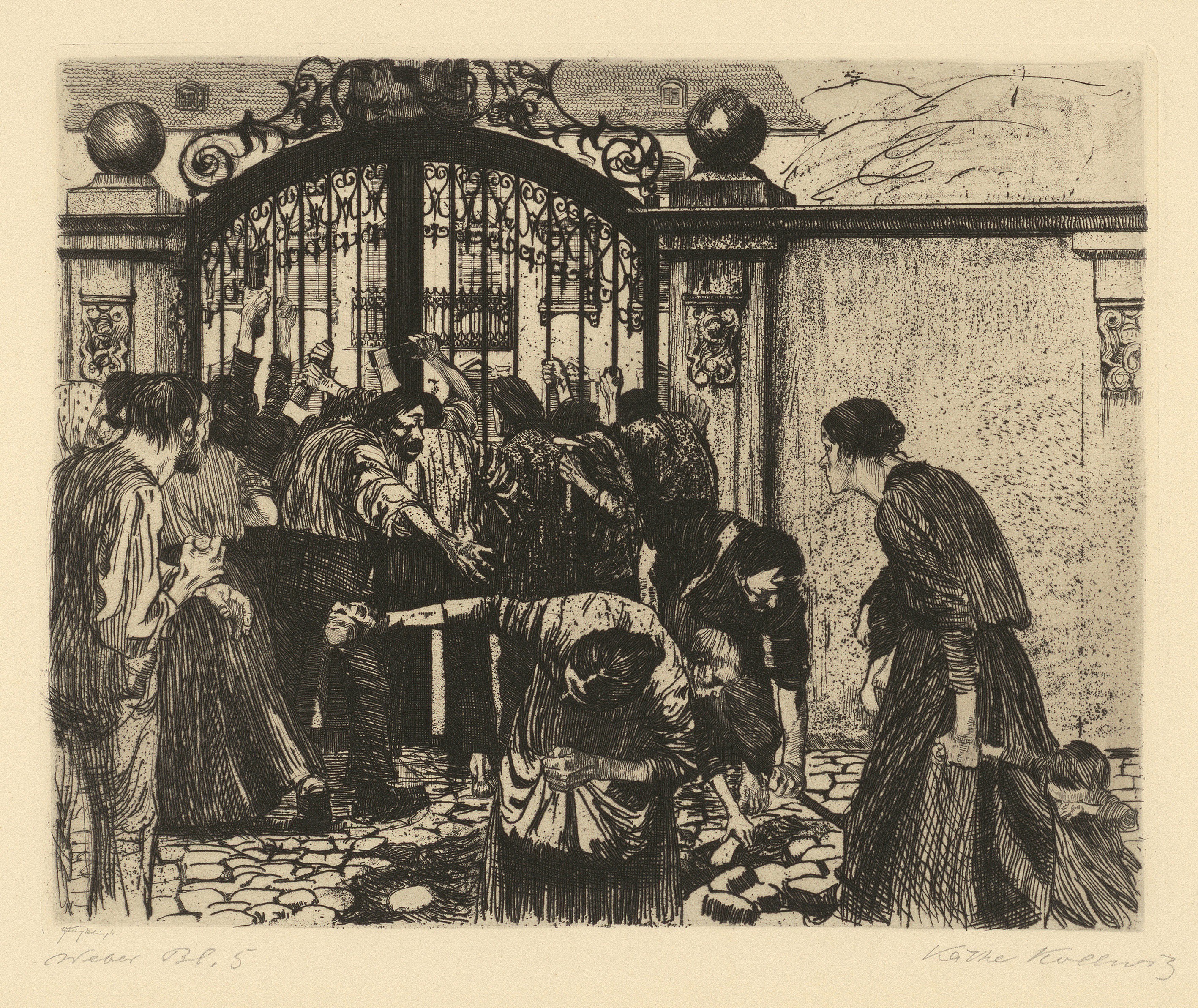 Käthe Kollwitz, Storming the Gate – Attack, sheet 5 of the cycle »A Weavers’ Revolt«, 1893–97, line etching and sandpaper, 238 x 295 mm, Kn 37 II a, Kollwitz Museum Köln, Inv. Nr. 70300/84003.