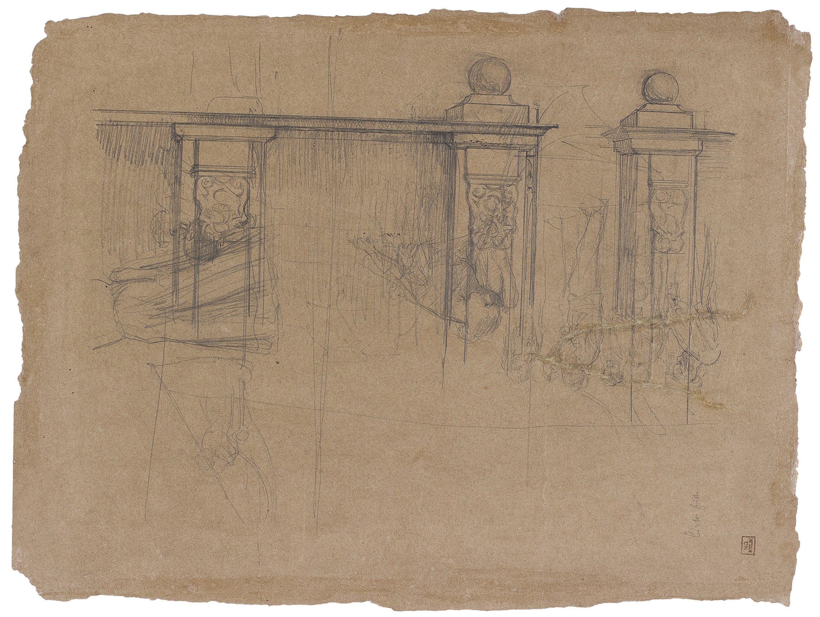 Käthe Kollwitz, Gateway, preparatory study for sheet 5 of the cycle »A Weavers’ Revolt«, c. 1896, pencil and pen and ink on brown cardboard, 388 x 505 mm, NT 135a, Kollwitz Museum Köln, Inv. Nr. 70200/98011.