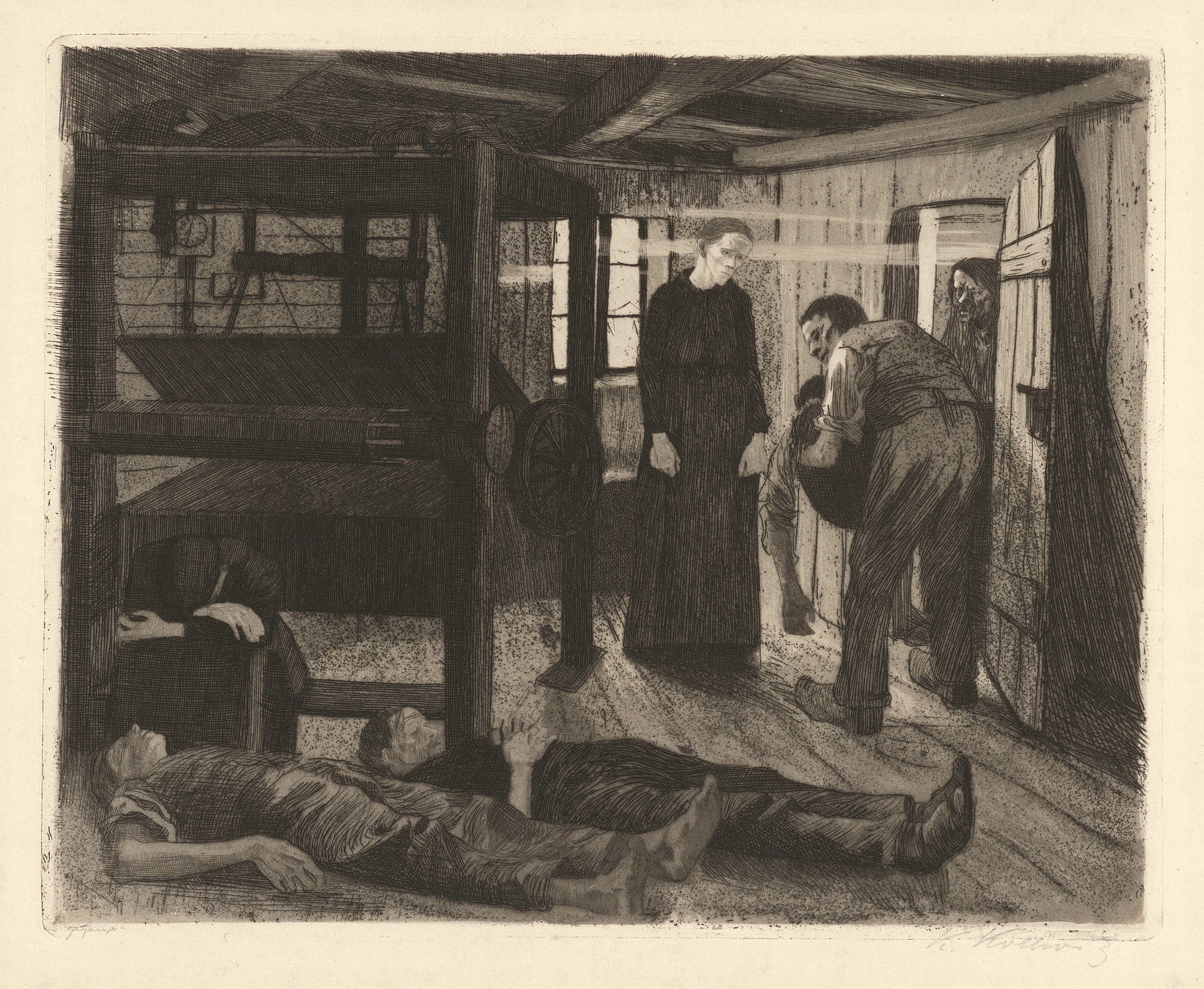 Käthe Kollwitz, End, sheet 6 of the cycle »A Weavers’ Revolt«, 1893–97, line etching, aquatint, sandpaper and burnisher, Kn 38 II a, 247 x 307 mm, Kn 38 II a, Kollwitz Museum Köln, Inv. Nr. 70300/84008.