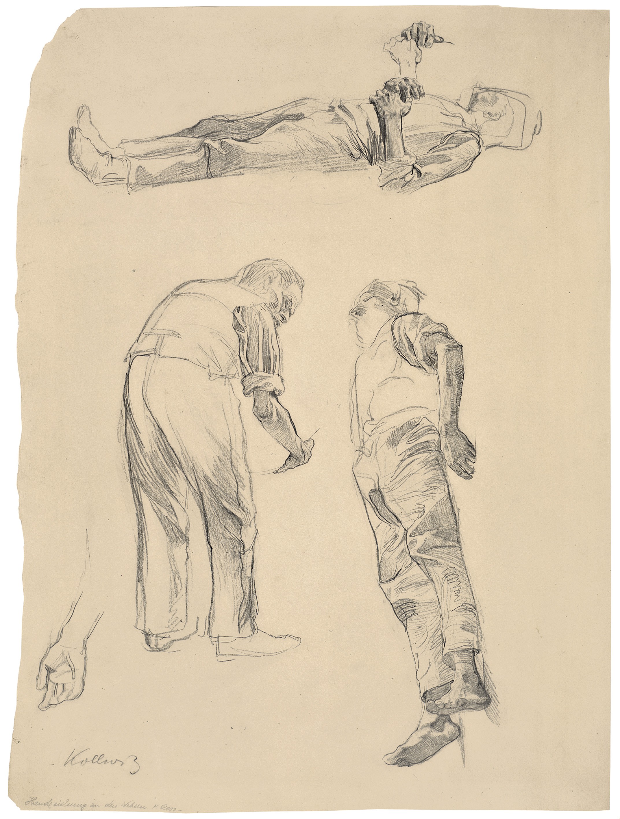 Käthe Kollwitz, study with preparatory drawings for the etching »End«, sheet 6 of the cycle »A Weavers’ Revolt«, 1897, pencil on cardboard, 380 x 505 mm, NT 134, Kollwitz Museum Köln, Inv. Nr. 70200/91020. 
