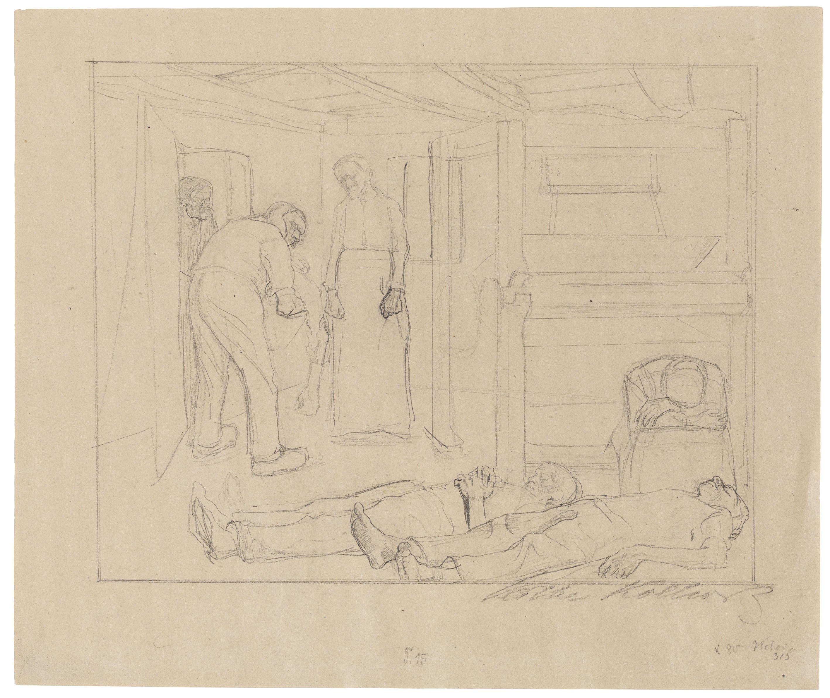 Käthe Kollwitz, study with preparatory drawings for the etching »End«, sheet 6 of the cycle »A Weavers’ Revolt«, 1896 (1897?), pen on cardboard, 409 x 492 mm, NT (133a), Kollwitz Museum Köln, Inv. Nr. 70200/91017.