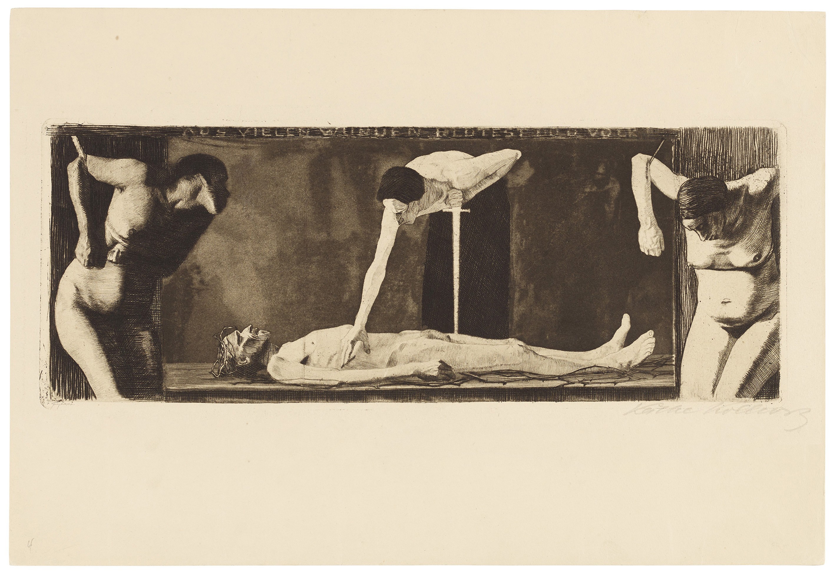 Käthe Kollwitz, »From many wounds you bleed, oh people«, planned as the final sheet in the cycle »A Weavers’ Revolt«, but not included in the series, 1893–97, line etching, drypoint, aquatint and burnisher, 129 x 335 mm, Kn 32 II c, Kollwitz Museum Köln, Inv. Nr. 70300/85006.