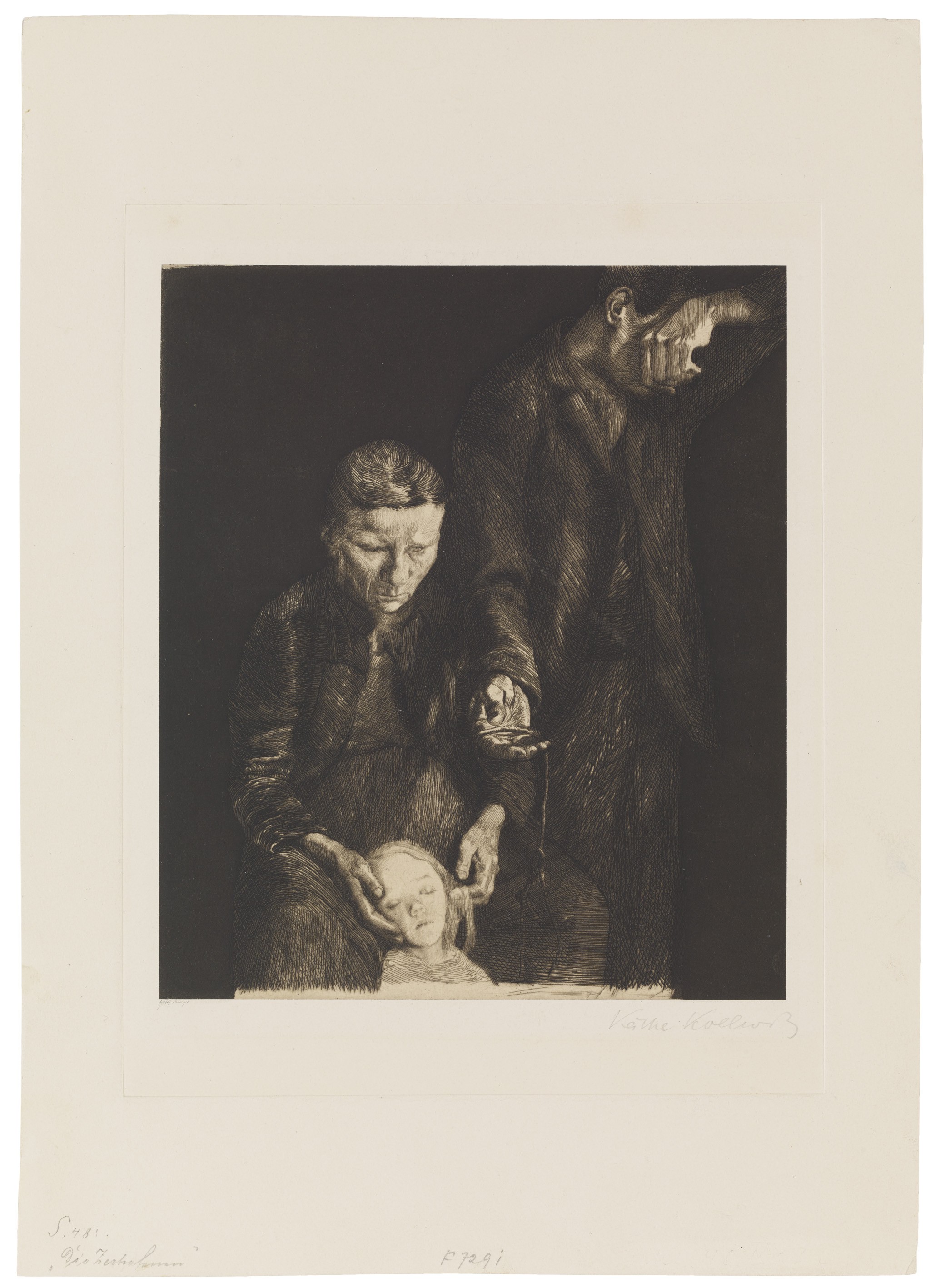 Käthe Kollwitz, The Downtrodden – Poor Family, left scene of the composition originally in three sections, 1901, line etching, drypoint, aquatint and burnisher, 238 x 203 mm, Kn 49bis II A b, Kollwitz Museum Köln, Inv. Nr. 70300/87009.
