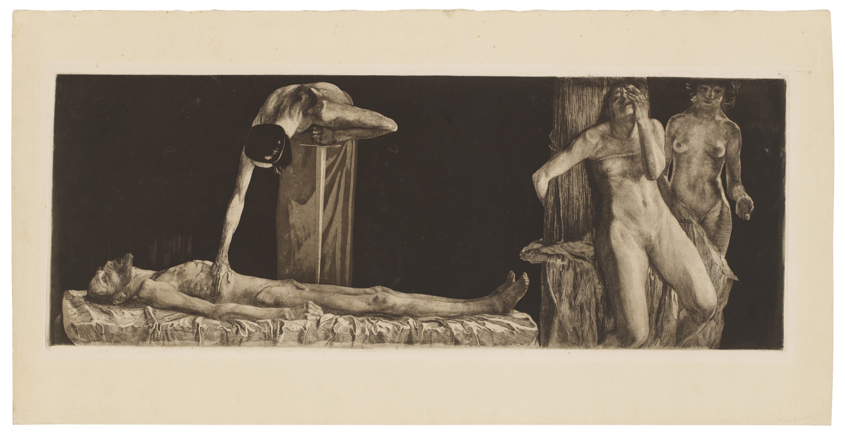 Käthe Kollwitz, The Downtrodden – Corpse and Nude Woman at a Post, middle and right scenes of the composition originally in three sections, 1901, line etching, drypoint, aquatint and burnisher, 238 x 628 mm, Kn 49ter a, Kollwitz Museum Köln, Inv. Nr. 70300/85009.