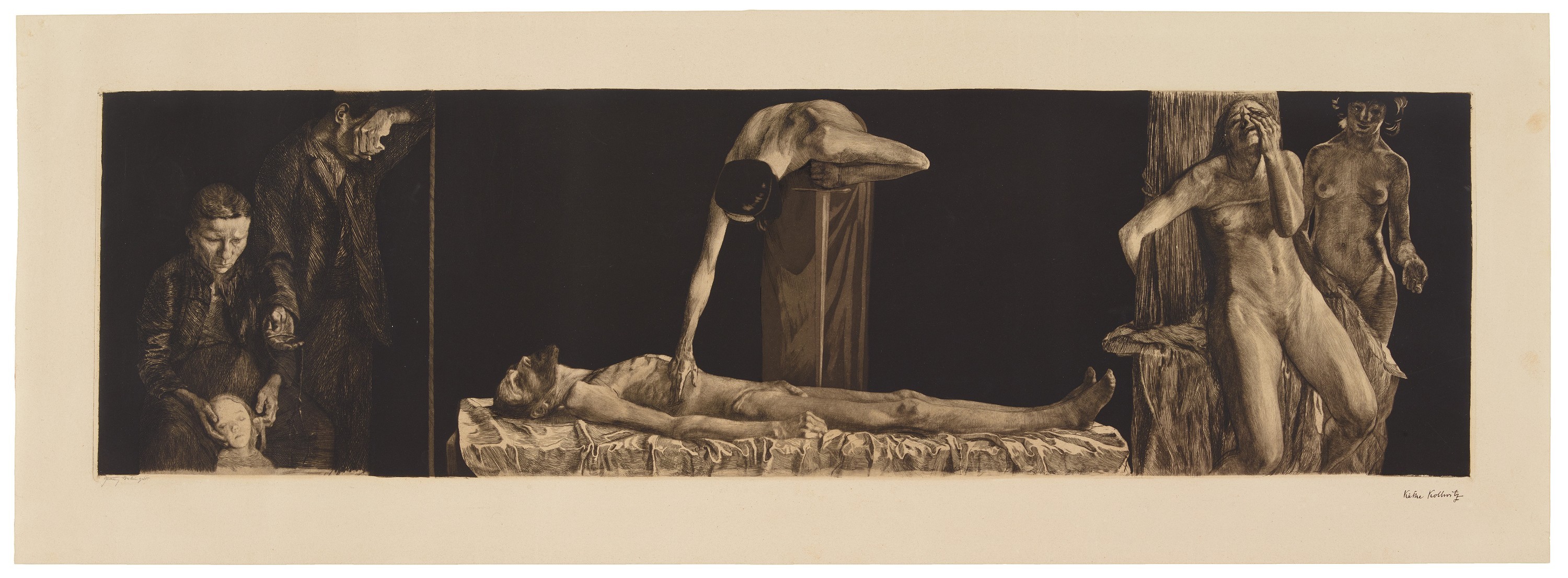 Käthe Kollwitz, The Downtrodden, 1901, alteration of the motif from the etching »From many wounds you bleed, oh people«, which was intended as the final sheet of the cycle »A Weavers’ Revolt«, line etching, drypoint, aquatint and burnisher, 239 x 836 mm, Kn 49 III, Kollwitz Museum Köln, Inv. Nr. 70300/22005.