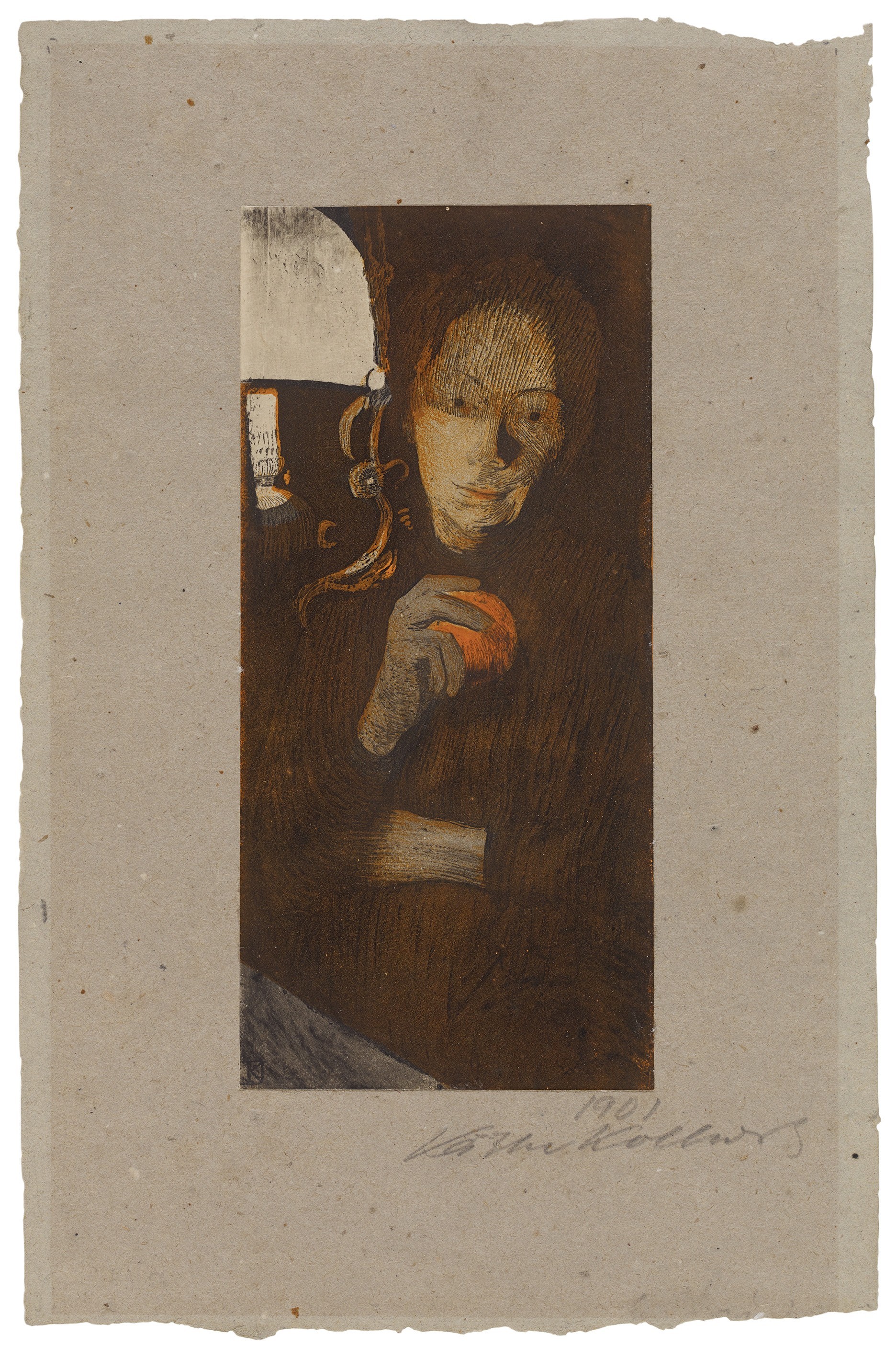 Käthe Kollwitz, Woman with Orange, 1901, combination print from a copperplate (aquatint, reservage and drypoint) and a stone (brush lithograph) in two colours, reworked with charcoal, mounted on grey blotting pape, 131 x 112 mm, Kn 56 II 2, Kollwitz Museum Köln, Inv. Nr. 70300/97001.