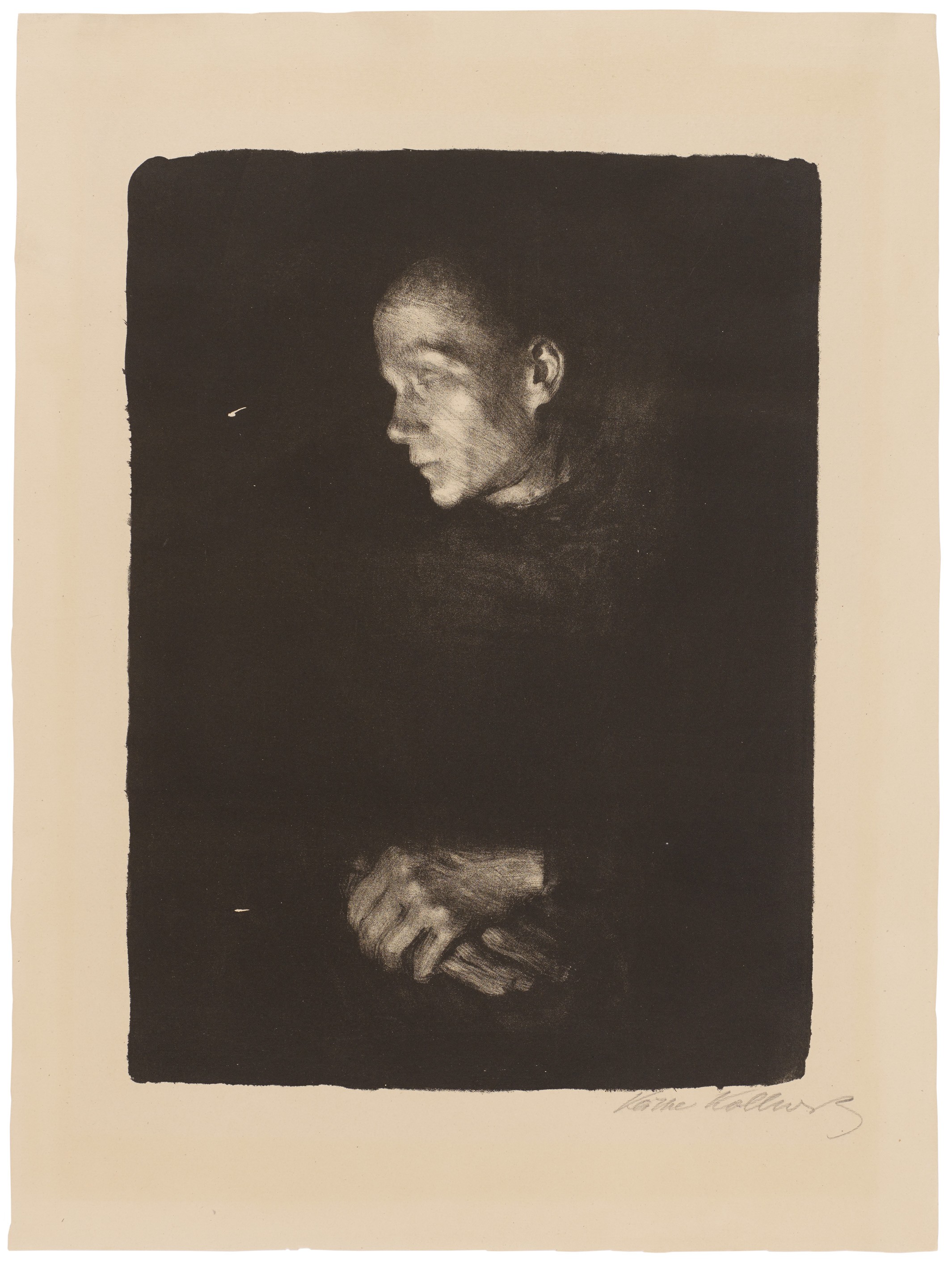 Käthe Kollwitz, Worker Woman in Profile towards left, 1903, crayon and brush lithograph with scratch technique in brown on grey Japan paper, 445 x 330 mm, Kn 74 III a, Kollwitz Museum Köln, Inv. Nr. 70300/94010.