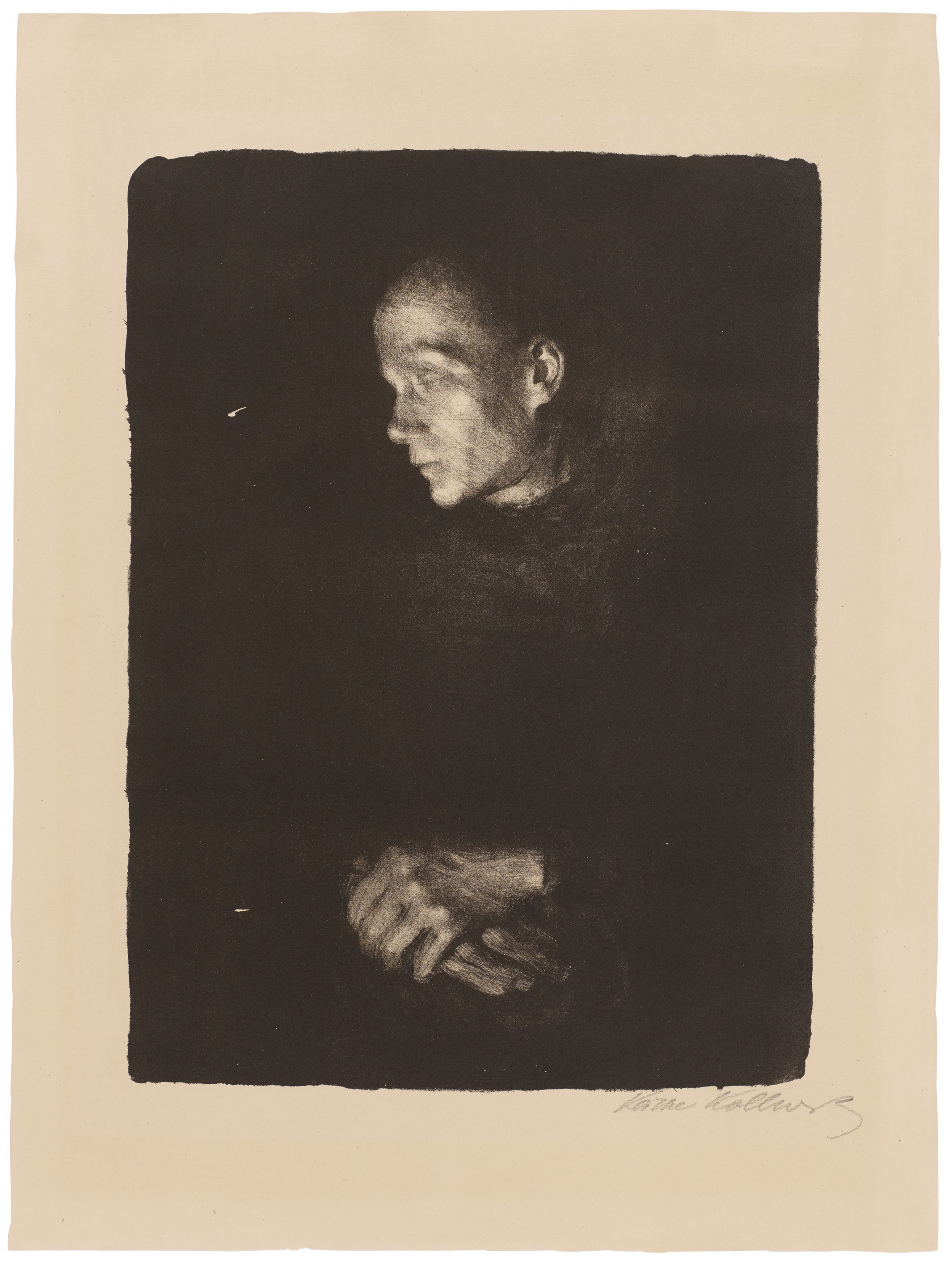 Käthe Kollwitz, Worker Woman in Profile towards left, 1903, crayon and brush lithograph with scratch technique in brown on grey Japan paper, 445 x 330 mm, Kn 74 III a, Kollwitz Museum Köln, Inv. Nr. 70300/94010.