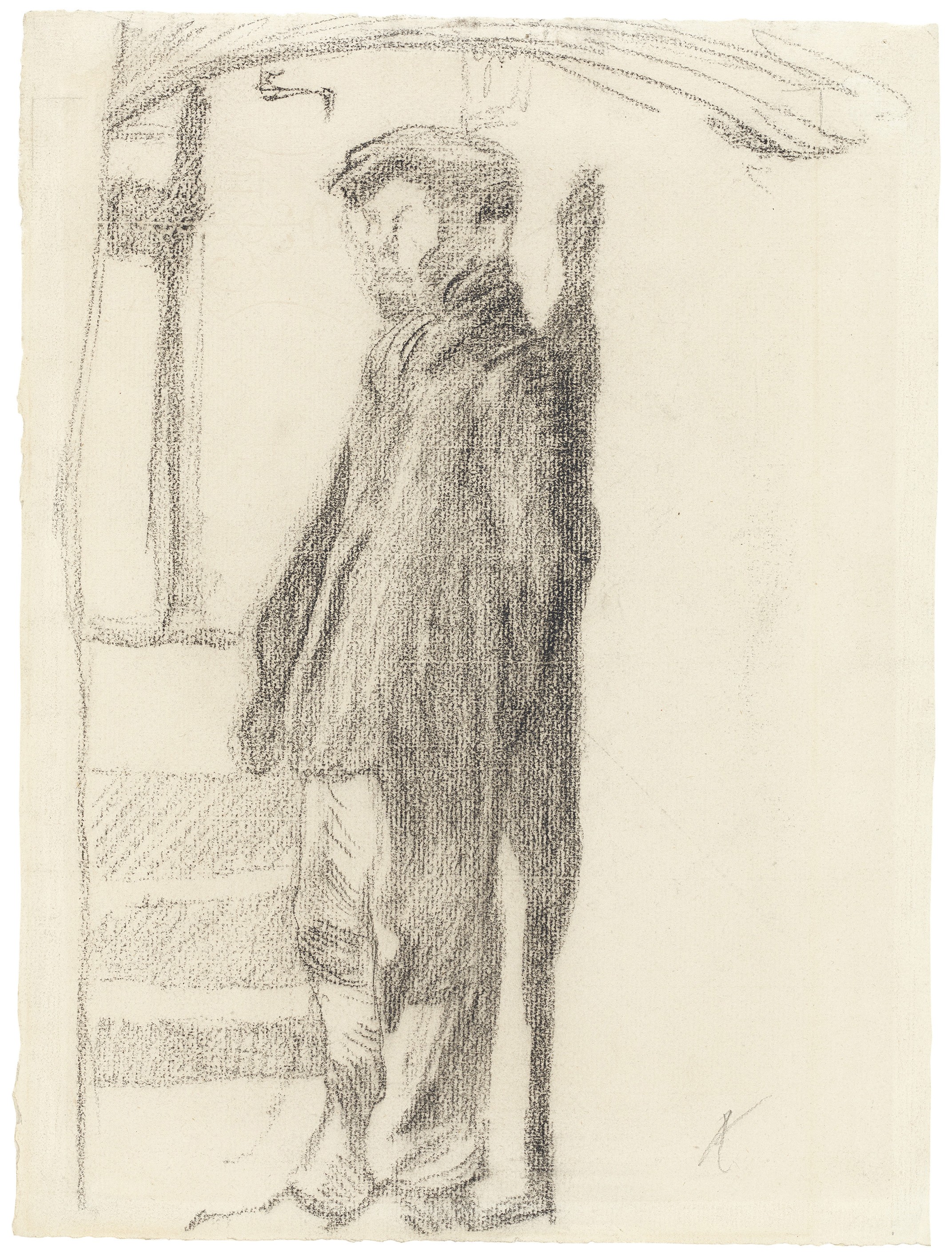 Käthe Kollwitz, Man, standing, leaning his back against a wall, 1904, black chalk on laid paper, 315 x 235 mm, NT 275 a, Kollwitz Museum Köln, Inv. Nr. 70200/96020.