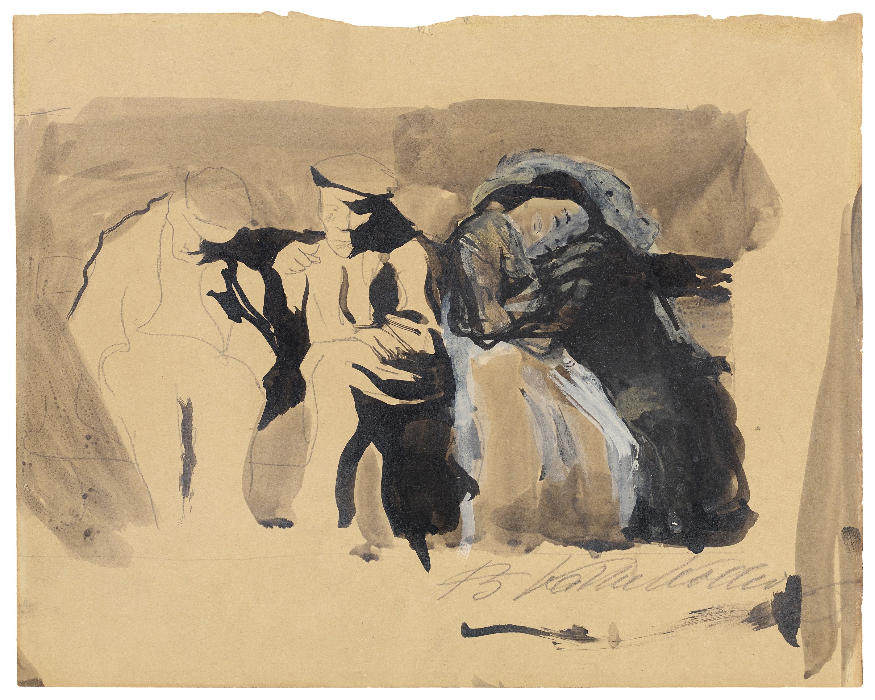 Käthe Kollwitz, Two Men and a Pair of Lovers on a Bench, 1904, graphite and ink, white highlights on cream-coloured paper, 208 x 261 mm, NT (287a), Kollwitz Museum Köln, Inv. Nr. 70200/09002.