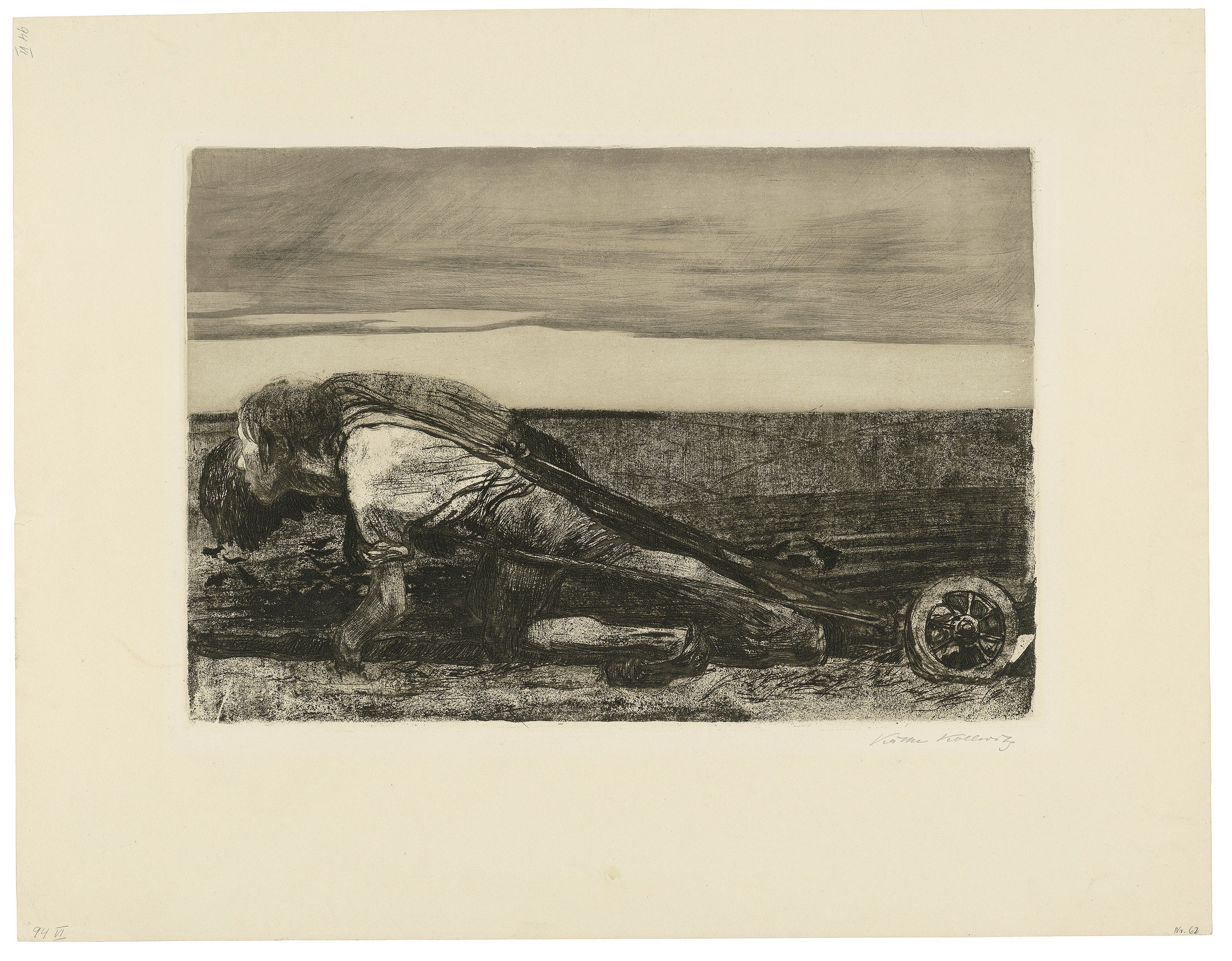 Käthe Kollwitz, The Ploughmen, sheet 1 of the cycle »Peasants War«, 1907, line etching, drypoint, aquatint, reservage, sandpaper, needle bundle and soft ground with imprint of Ziegler's transfer paper, 315 x 454 mm, Kn 99 VIII b, Kollwitz Museum Köln, Inv. Nr. 70300/23005.