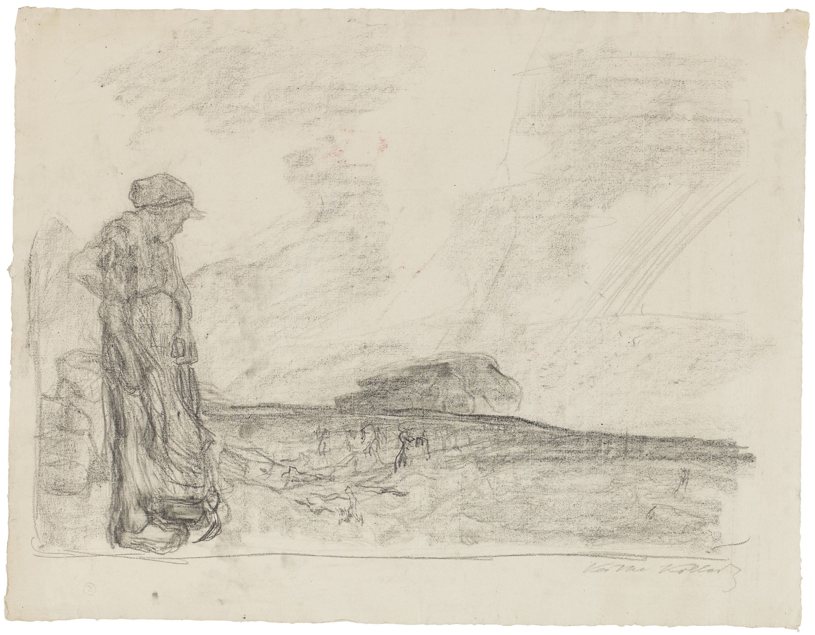 Käthe Kollwitz, Ploughman with a woman standing in the foreground, c. 1904, pen and chalk on laid paper, 480 x 625 mm, NT 207, Kollwitz Museum Köln, Inv. Nr. 70200/86001.