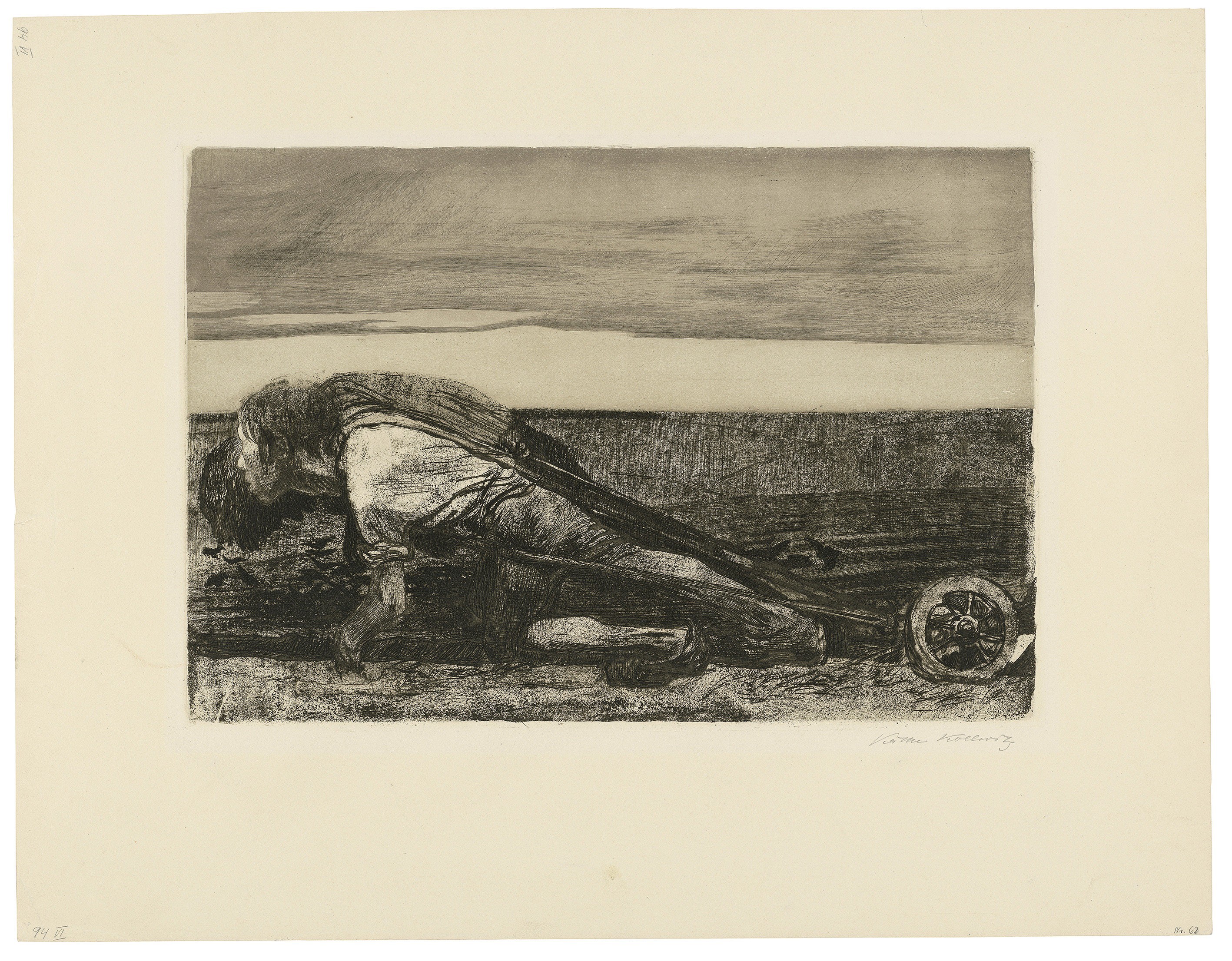 Käthe Kollwitz, The Ploughmen, sheet 1 of the cycle »Peasants War«, 1907, line etching, drypoint, aquatint, reservage, sandpaper, needle bundle and soft ground with imprint of Ziegler's transfer paper, 315 x 454 mm, Kn 99 VIII b, Kollwitz Museum Köln, Inv. Nr. 70300/23005.