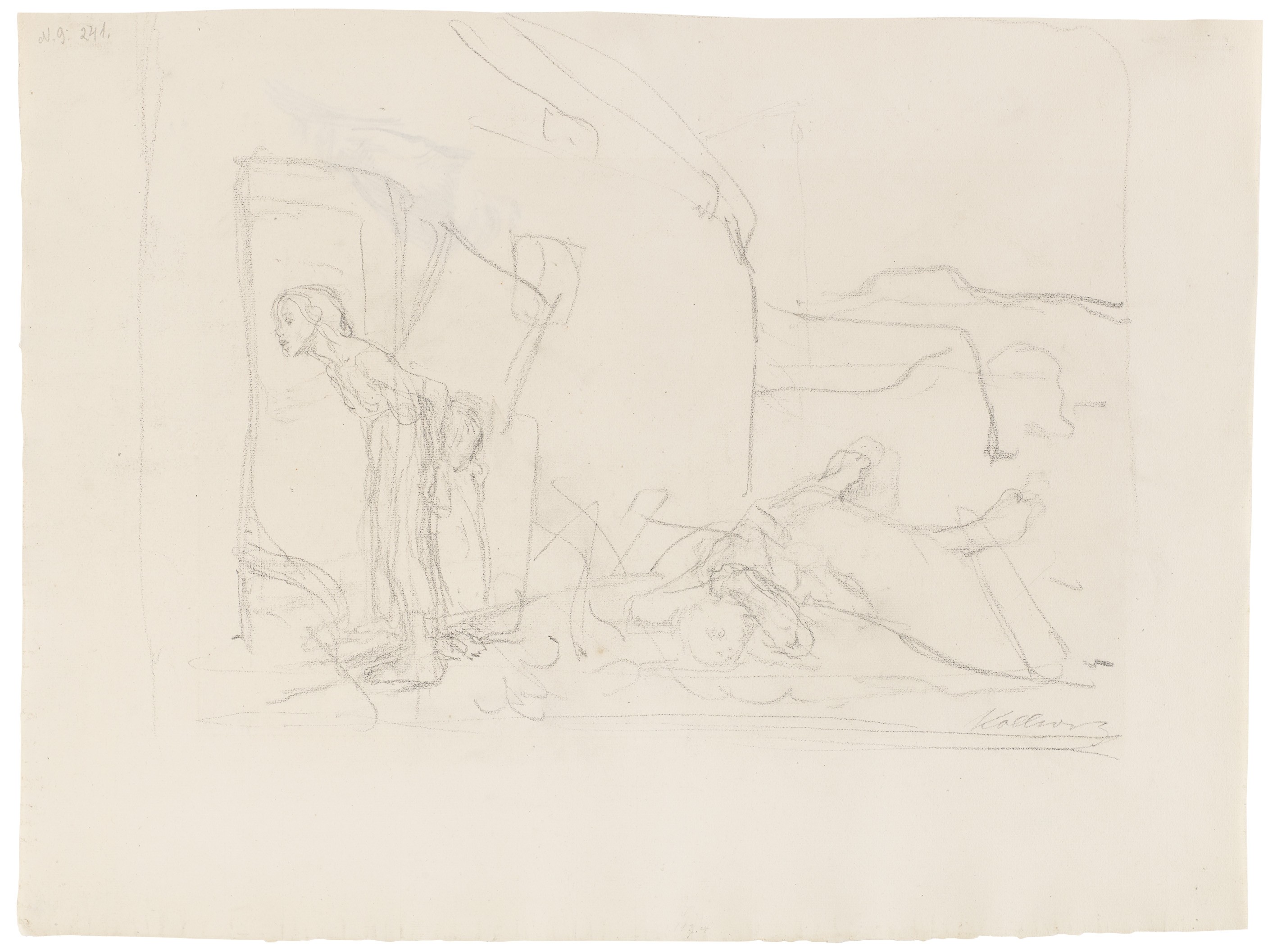 Käthe Kollwitz, Assaulted, study for »Raped«, sheet 2 of the cycle »Peasants War«, c. 1901/1902, pencil on laid paper, 440 x 581 mm, NT (443a), Kollwitz Museum Köln, Inv. Nr. 70200/15003.