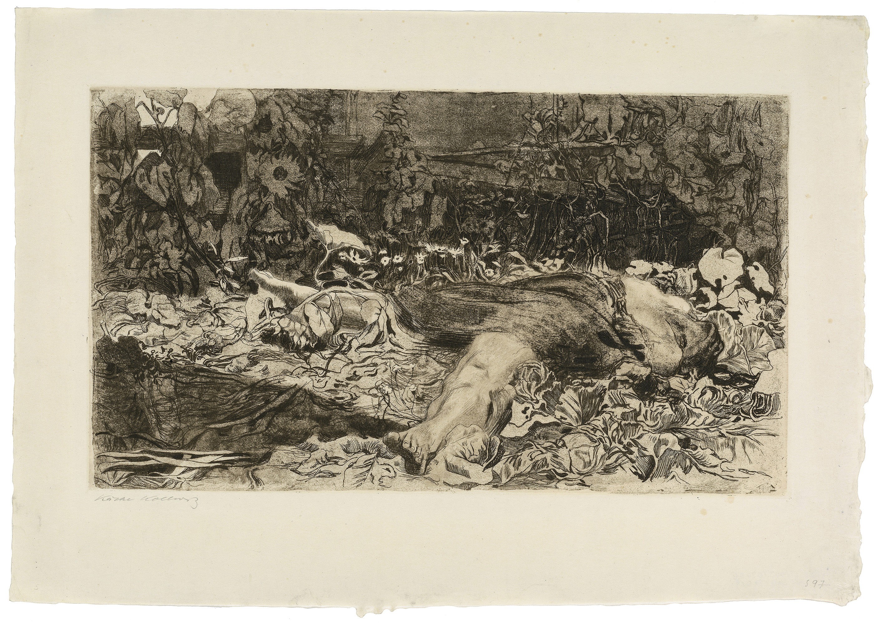 Käthe Kollwitz, Raped, sheet 2 of the cycle »Peasants War«, 1907/1908, line etching, drypoint, sandpaper, reservage and soft ground with imprint of fabric and Ziegler's transfer paper, 308 x 528 mm, Kn 101 V a, Kollwitz Museum Köln, Inv. Nr. 70300/84019.