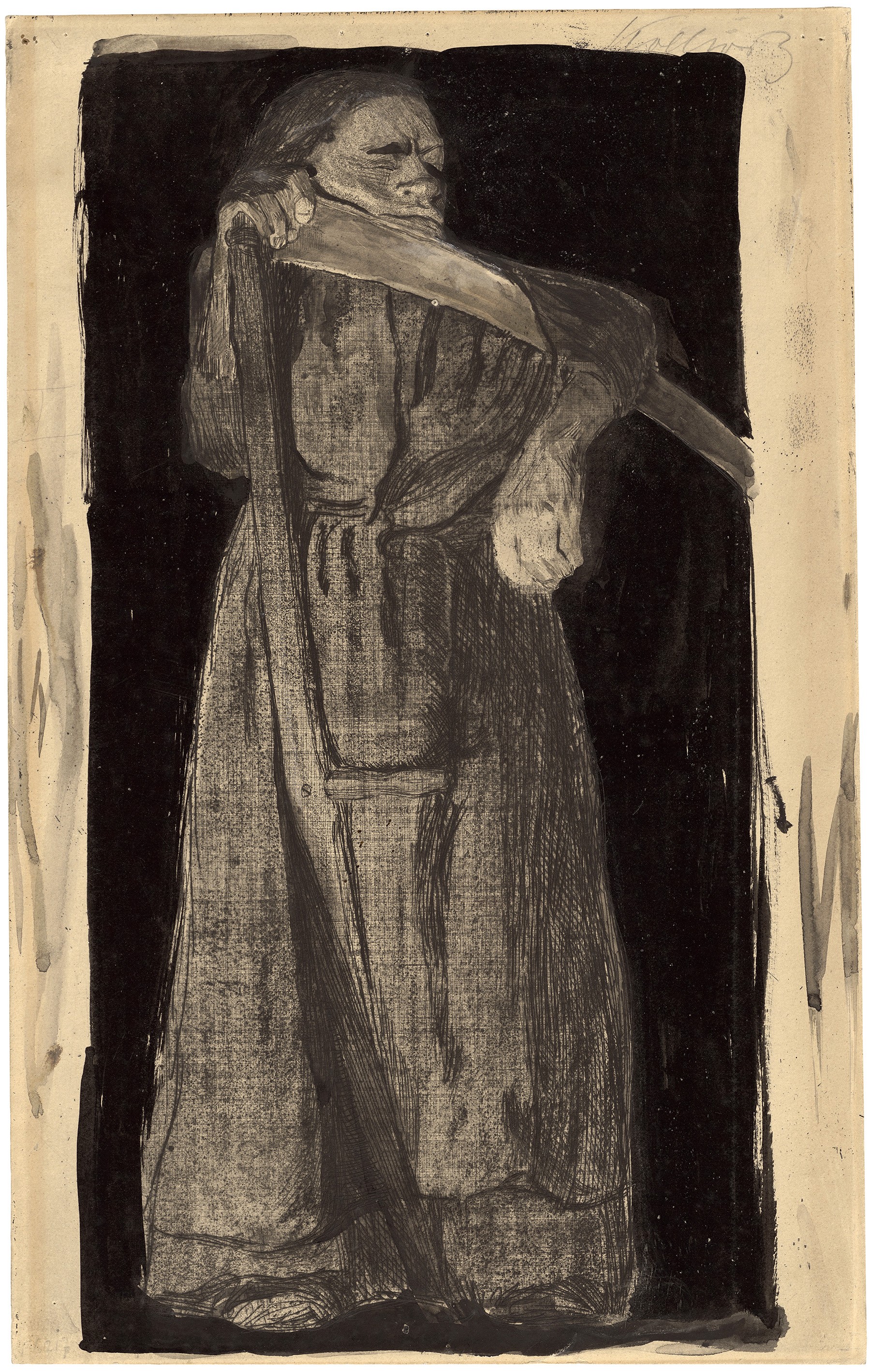 Käthe Kollwitz, Woman with Scythe, rejected second version of sheet 3 of the cycle »Peasants’ War«, 1905, etching and drypoint, sandpaper and soft ground with imprint of fabric, reworked with brush, pen and black ink, 374 x 234 mm, Kn 87 I, Kollwitz Museum Köln, Inv. Nr. 70300/17004.