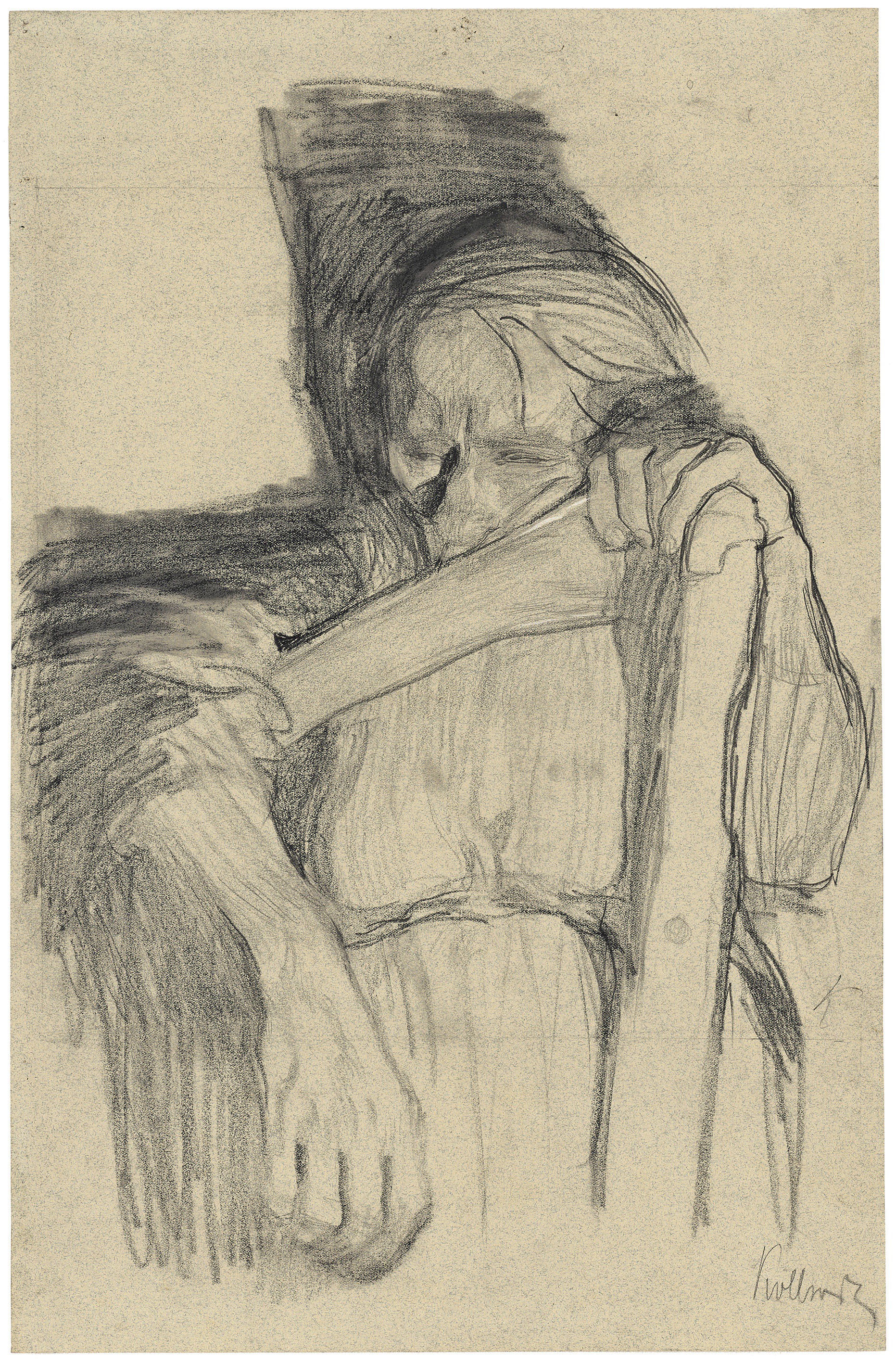 Käthe Kollwitz, Sharpening the Scythe, c 1905, black and white chalk, pencil, 473 x 309 mm, NT (396a), Kollwitz Museum Köln, Inv. Nr. 70200/09008.