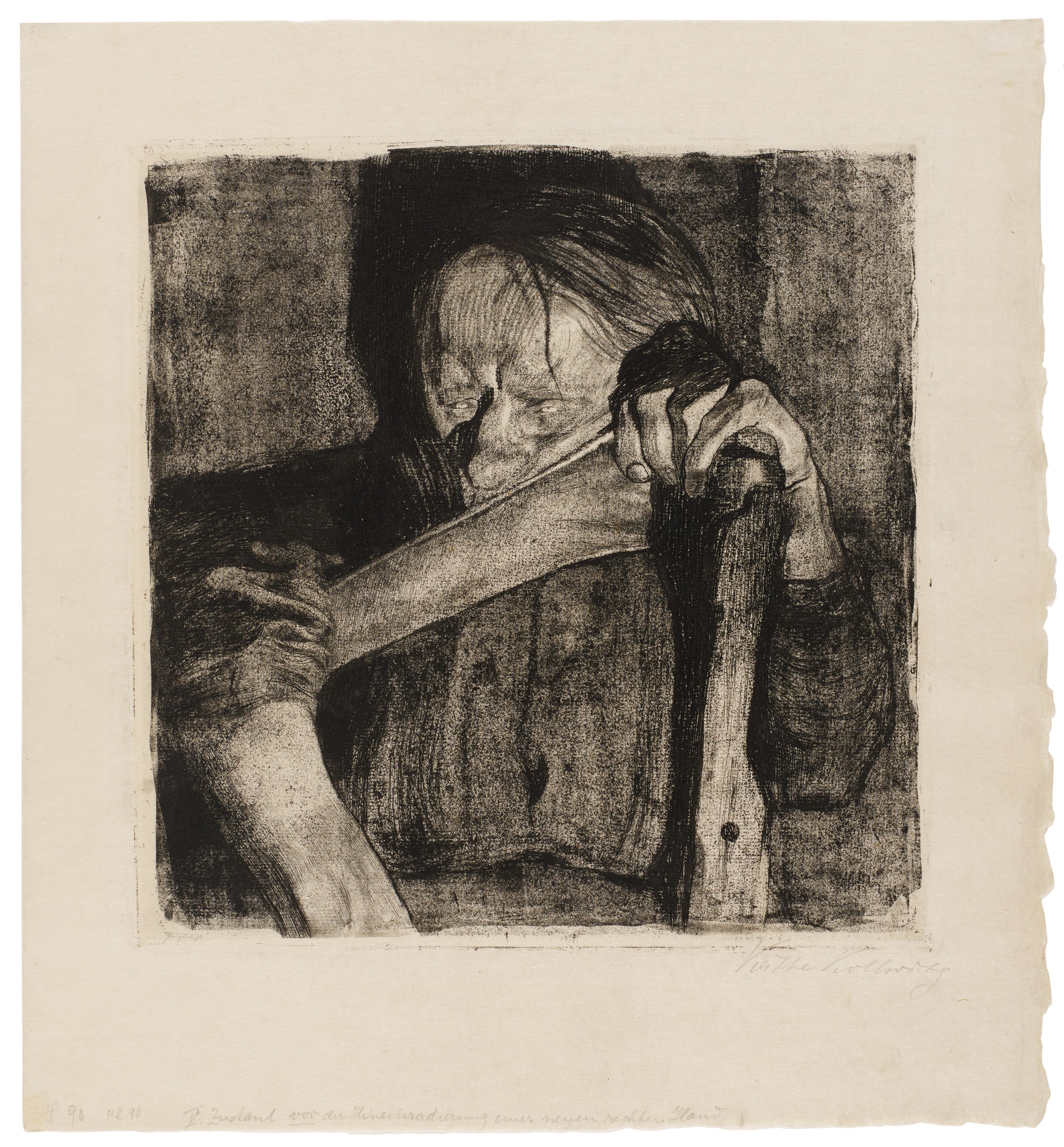 Käthe Kollwitz, Sharpening the Scythe, fifth proof of sheet 3 of the cycle »Peasants’ War«, 1905, line etching, drypoint, sandpaper, aquatint, needle lines and soft ground with imprint of laid paper and Ziegler's transfer paper, 297 x 297 mm, Kn 88 V, Kollwitz Museum Köln, Inv. Nr. 70300/91011.