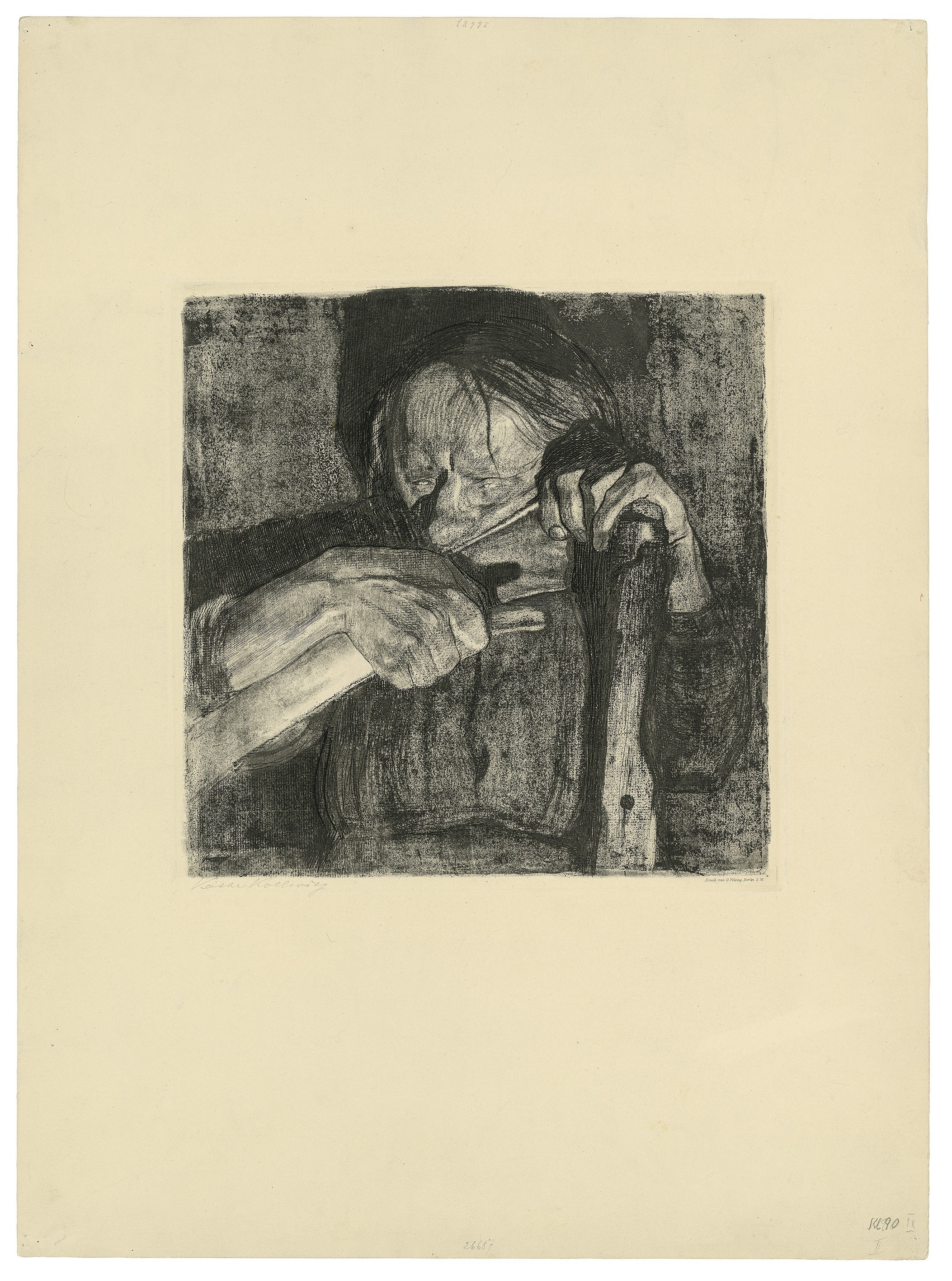 Käthe Kollwitz, Sharpening the Scythe, sheet 3 of the cycle »Peasants’ War«, 1908, line etching, drypoint, sandpaper, aquatint and soft ground with imprint of laid paper and Ziegler's transfer paper, Kn 88 X b, Kollwitz Museum Köln, Inv. Nr. 70300/23007.