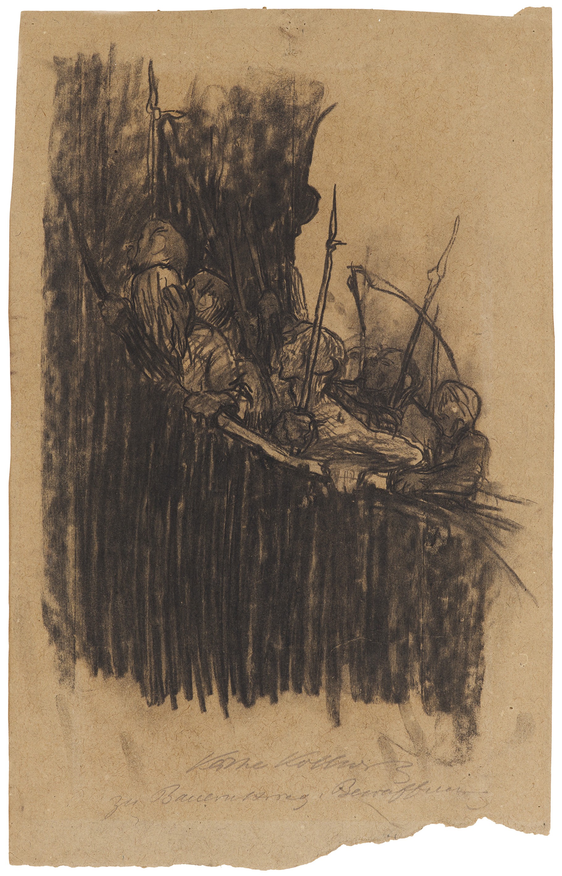 Käthe Kollwitz, Arming in a Vault, c 1906, chalk on thick, textured, light-brown paper, 457 x 311 mm, NT (215a), Kollwitz Museum Köln, Inv. Nr. 70200/00007.