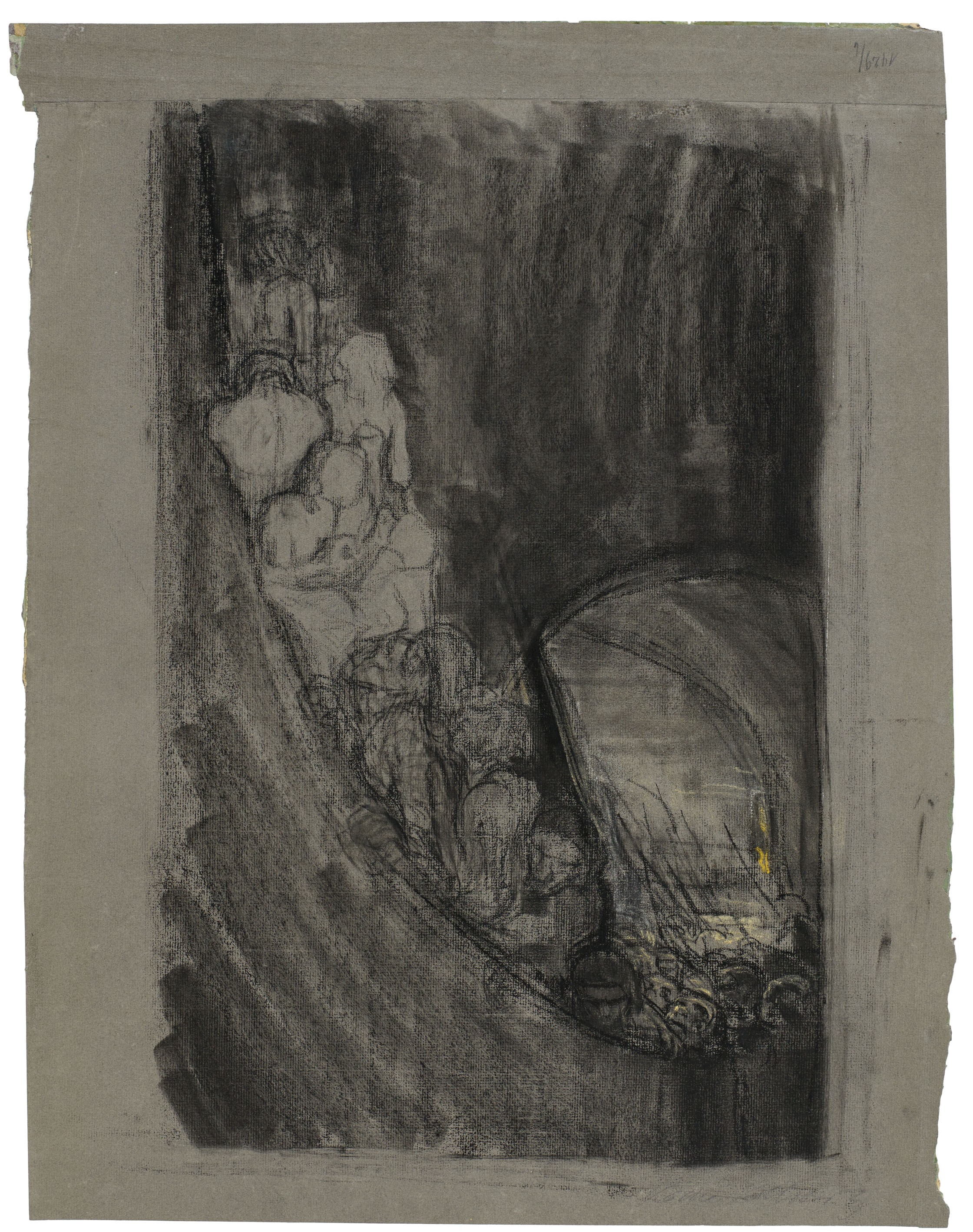 Käthe Kollwitz, Arming in a Vault, c 1906, charcoal, blotted, and yellow chalk on dark, grey-green Ingres paper, 574 x 445 mm, NT 216, Kollwitz Museum Köln, Inv. Nr. 70200/91021.