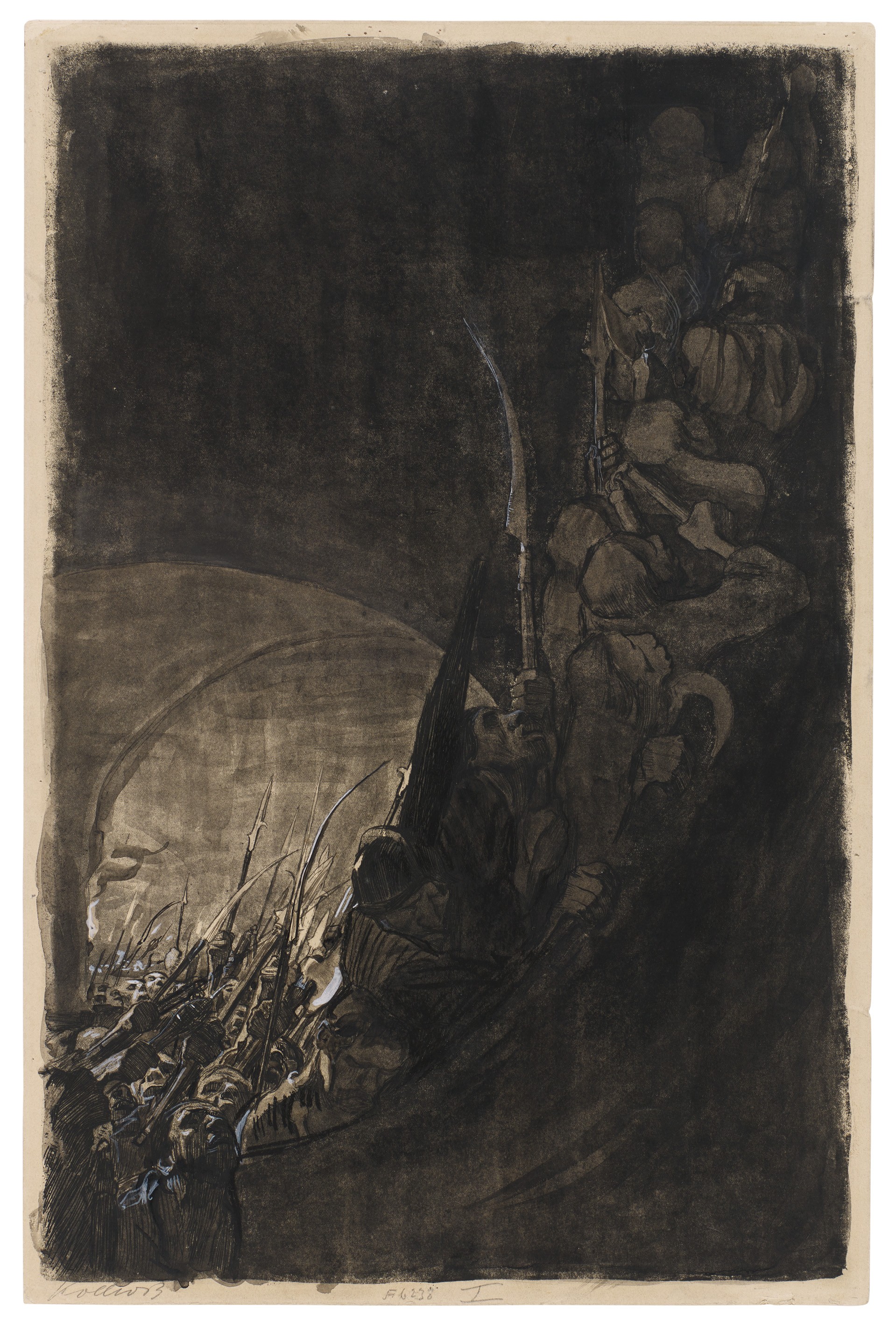 Käthe Kollwitz, Arming in a Vault, first proof of sheet 4 of the cycle »Peasants’ War«, 1906, bicolour etching, line etching, drypoint, aquatint and soft ground with imprint of Ziegler's transfer paper, edited by hand in black ink and Titanium white, 497 x 327 mm, Kn 96 I, Kollwitz Museum Köln, Inv. Nr. 70300/16001.