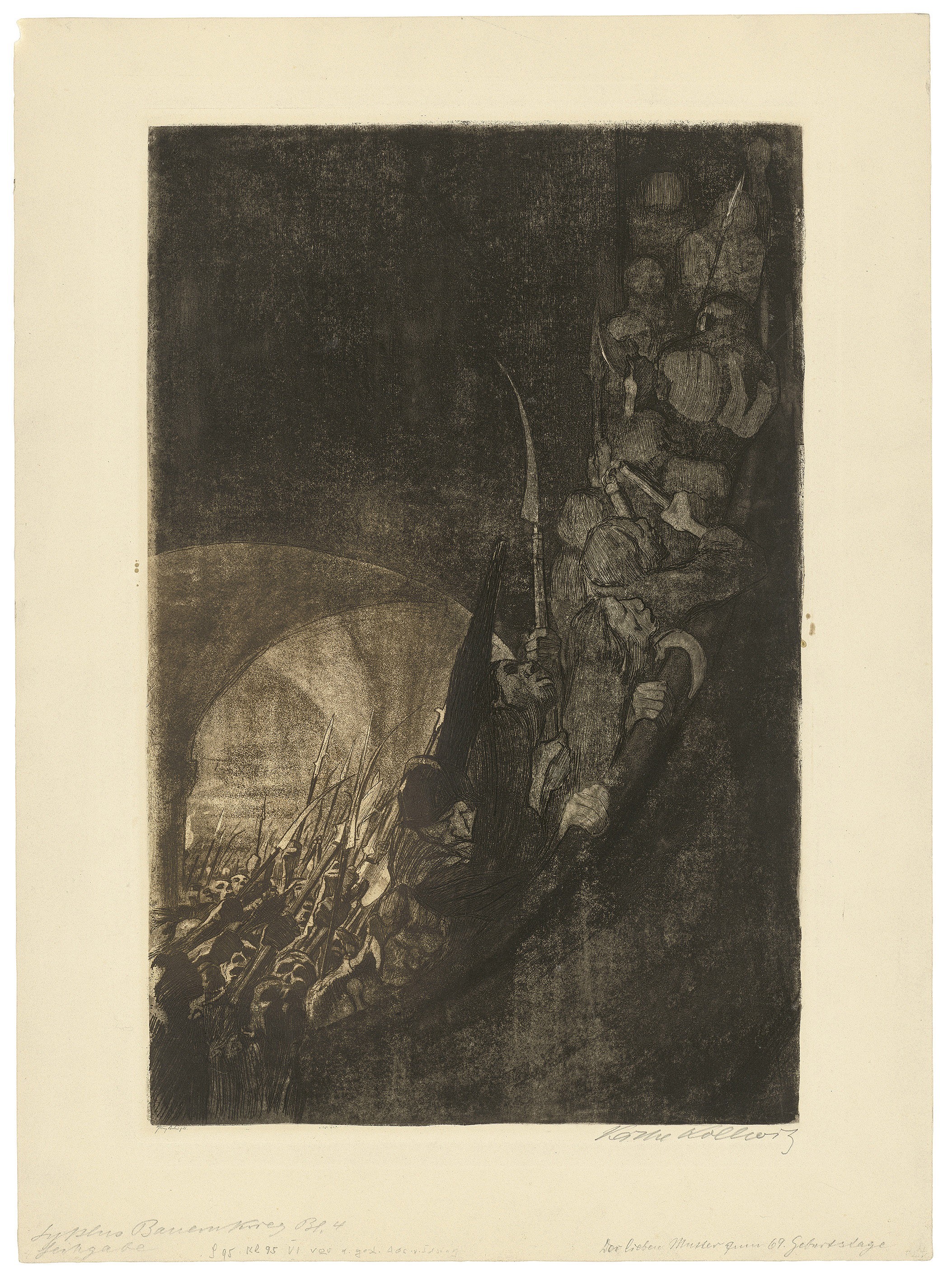 Käthe Kollwitz, Arming in a Vault, sheet 4 of the cycle »Peasants War«, 1906, bicolour etching with line etching, drypoint, aquatint and soft ground with imprint of Ziegler's transfer paper, 497 x 327 mm, Kn 96 VI, Kollwitz Museum Köln, Inv. Nr. 70300/23008.