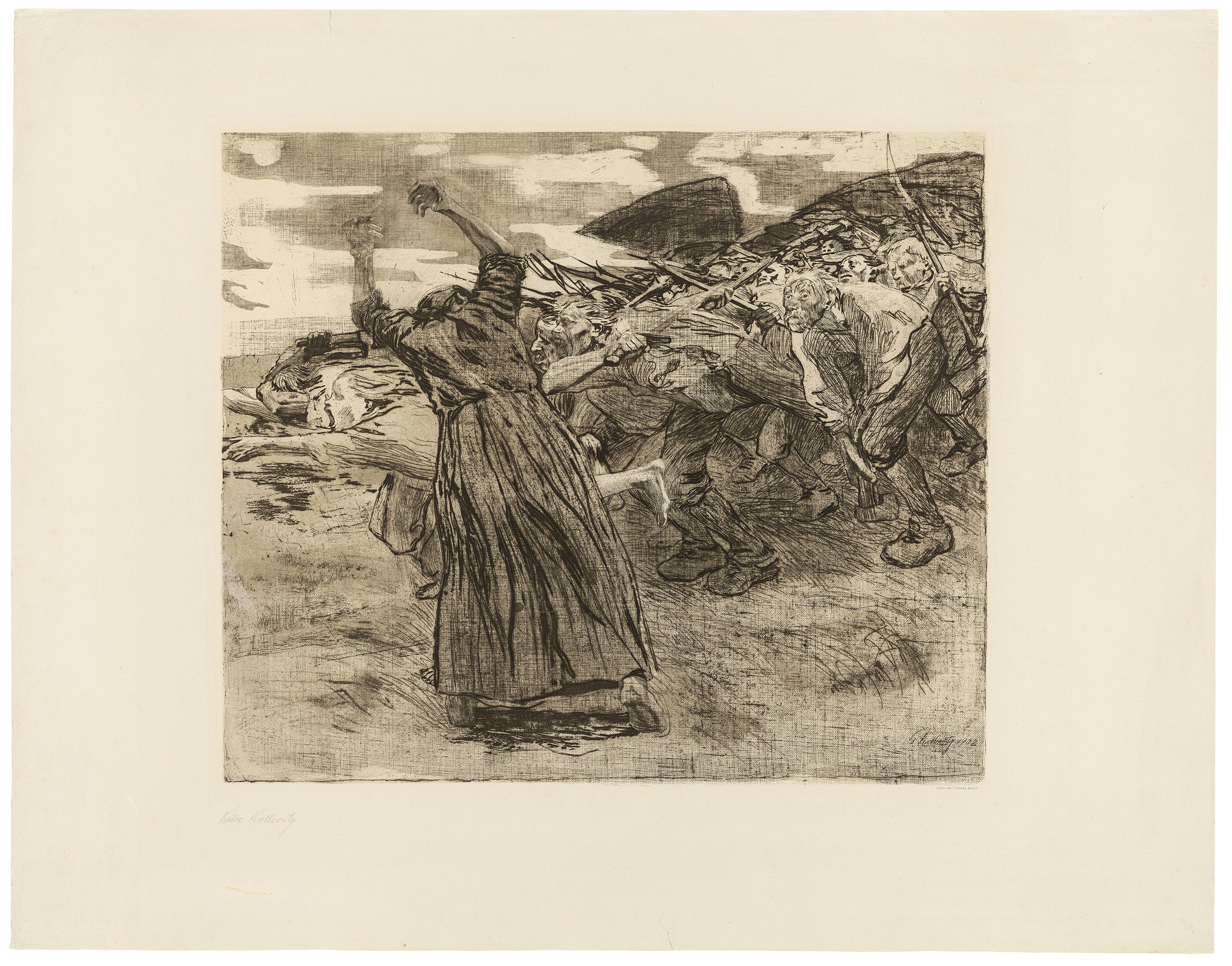 Käthe Kollwitz, Charge, sheet 5 of the cycle »Peasants’ War«, 1902/03, line etching, drypoint, aquatint, reservage and soft ground with imprint of two fabrics and Ziegler's transfer paper, 515 x 592 mm, Kn 70 VIII b, Kollwitz Museum Köln, Inv. Nr. 70300/01012.