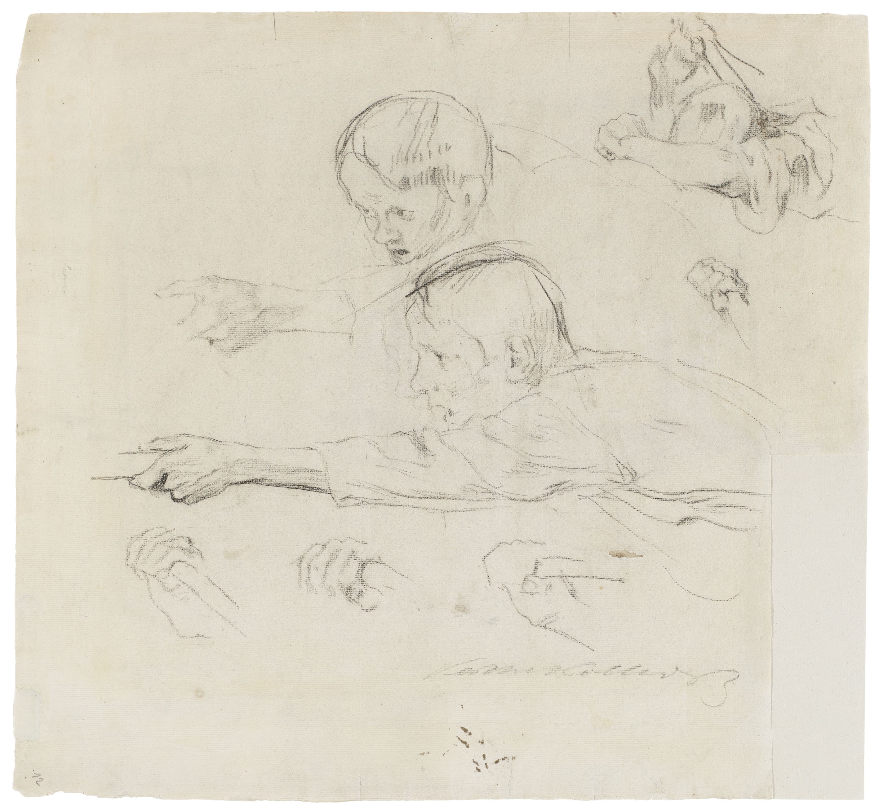 Käthe Kollwitz, Boy charging ahead towards the left, detail study for the etching »Charge«, 1902, charcoal, 400 x 470 mm, NT 195, Kollwitz Museum Köln, Inv. Nr. 70200/04015.