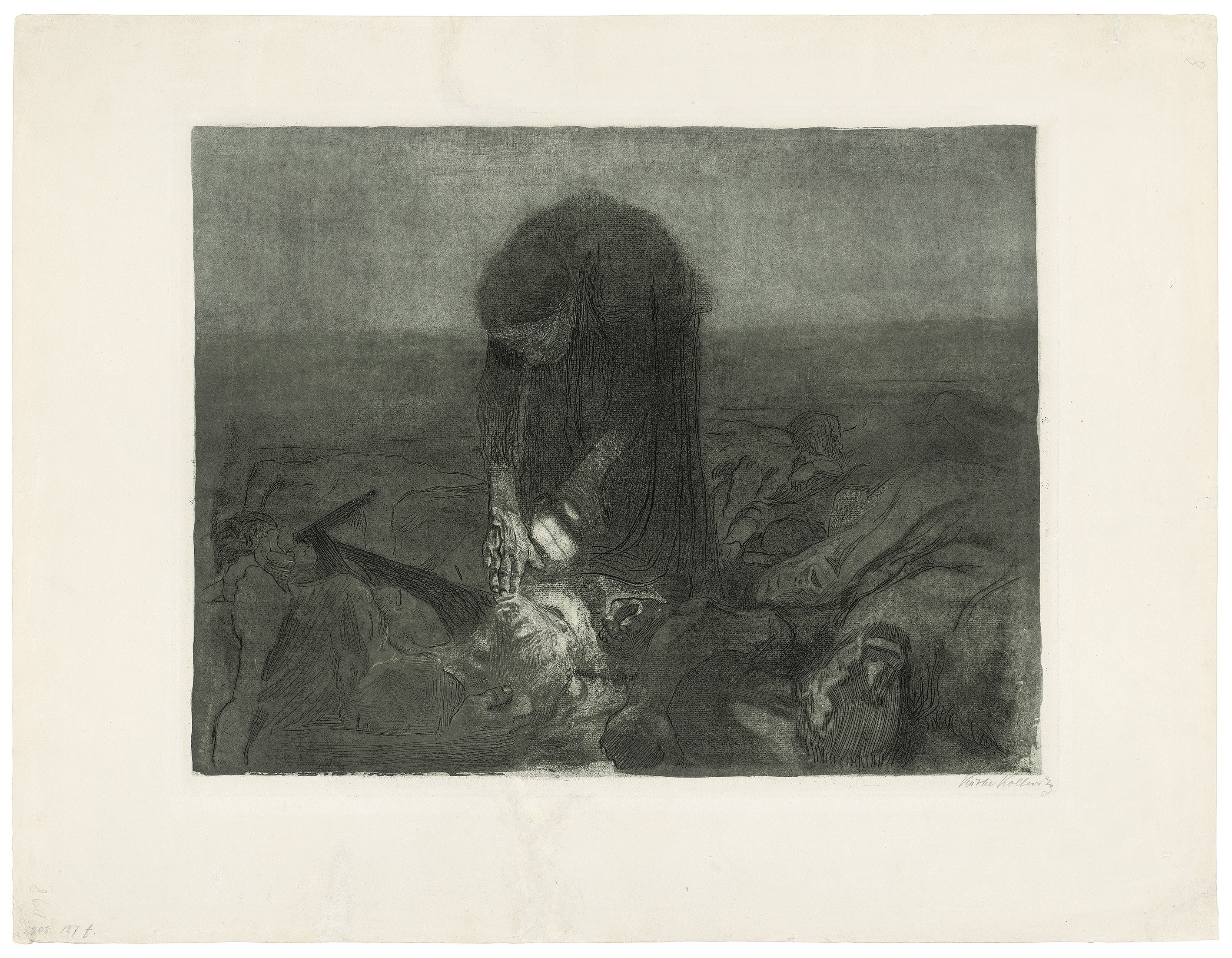 Käthe Kollwitz, Battle Field, sheet 6 of the cycle »Peasants War«, 1907, line etching, drypoint, aquatint, sandpaper and soft ground with imprint of ribbed laid paper and Ziegler's transfer paper, 410 x 531 mm, Kn 100 X b, Kollwitz Museum Köln, Inv. Nr. 70300/23009.