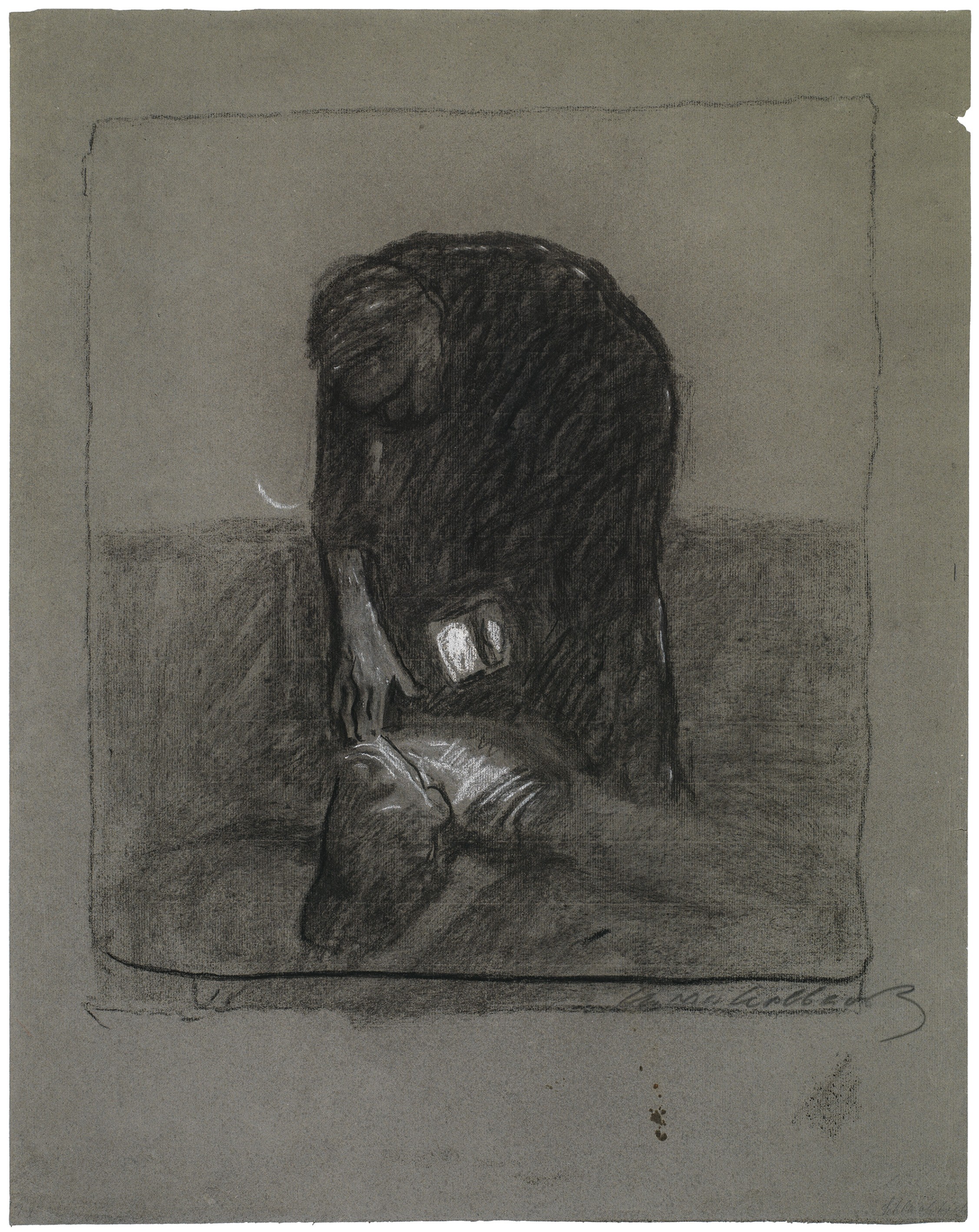 Käthe Kollwitz, Battlefield, c 1907, black chalk, heightened with white chalk, on grey-green laid paper, 763 x 443 mm, NT (411a), Kollwitz Museum Köln, Inv. Nr. 70200/14003.