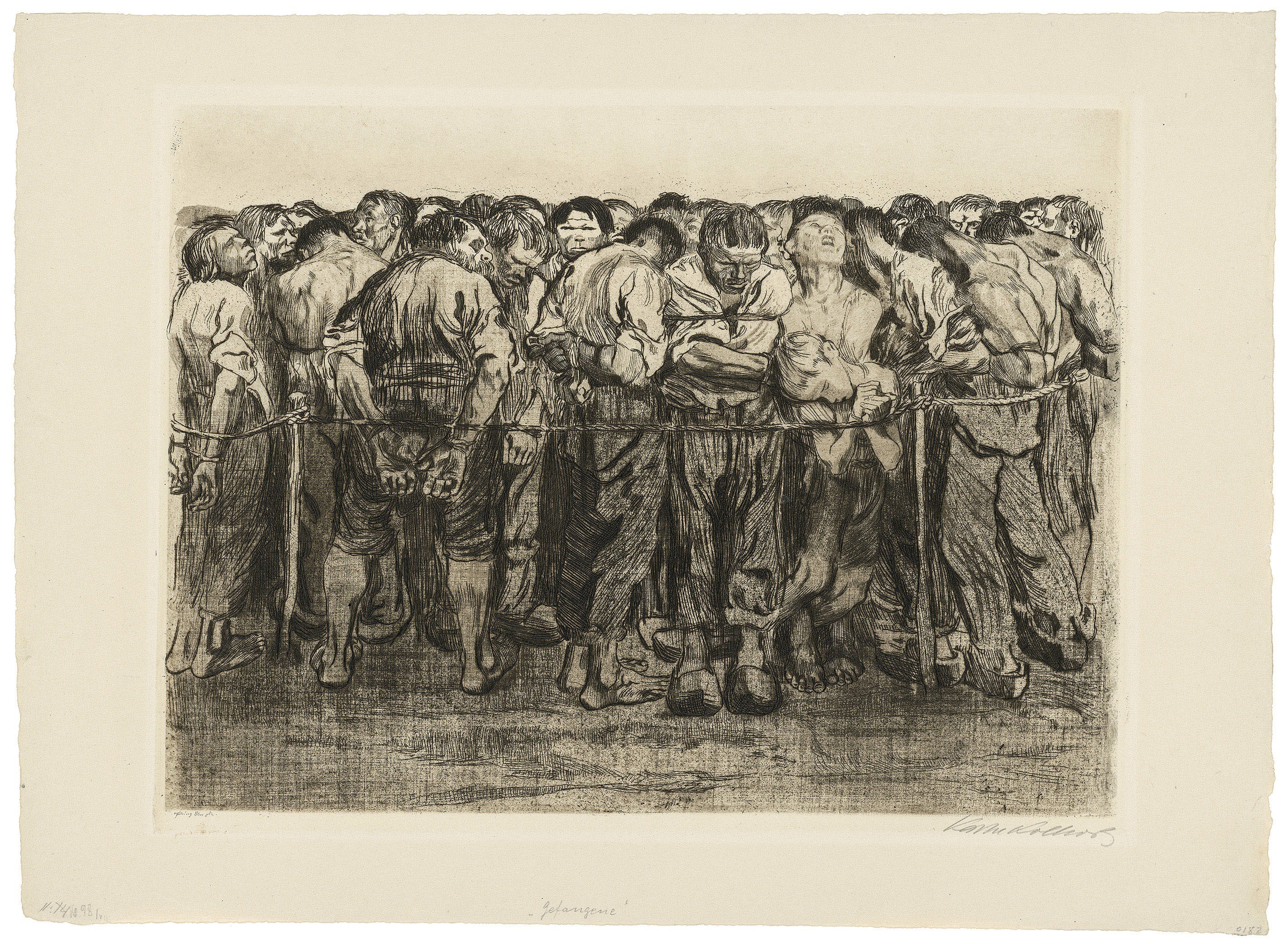 Käthe Kollwitz, The Prisoners, sheet 7 of the cycle »Peasants‘ War«, 1908, line etching, drypoint, sandpaper and soft with the imprint of fabric and Ziegler's transfer paper, 327 x 428 mm, Kn 102 IX a, Kollwitz Museum Köln, Inv. No. 70300/94005.