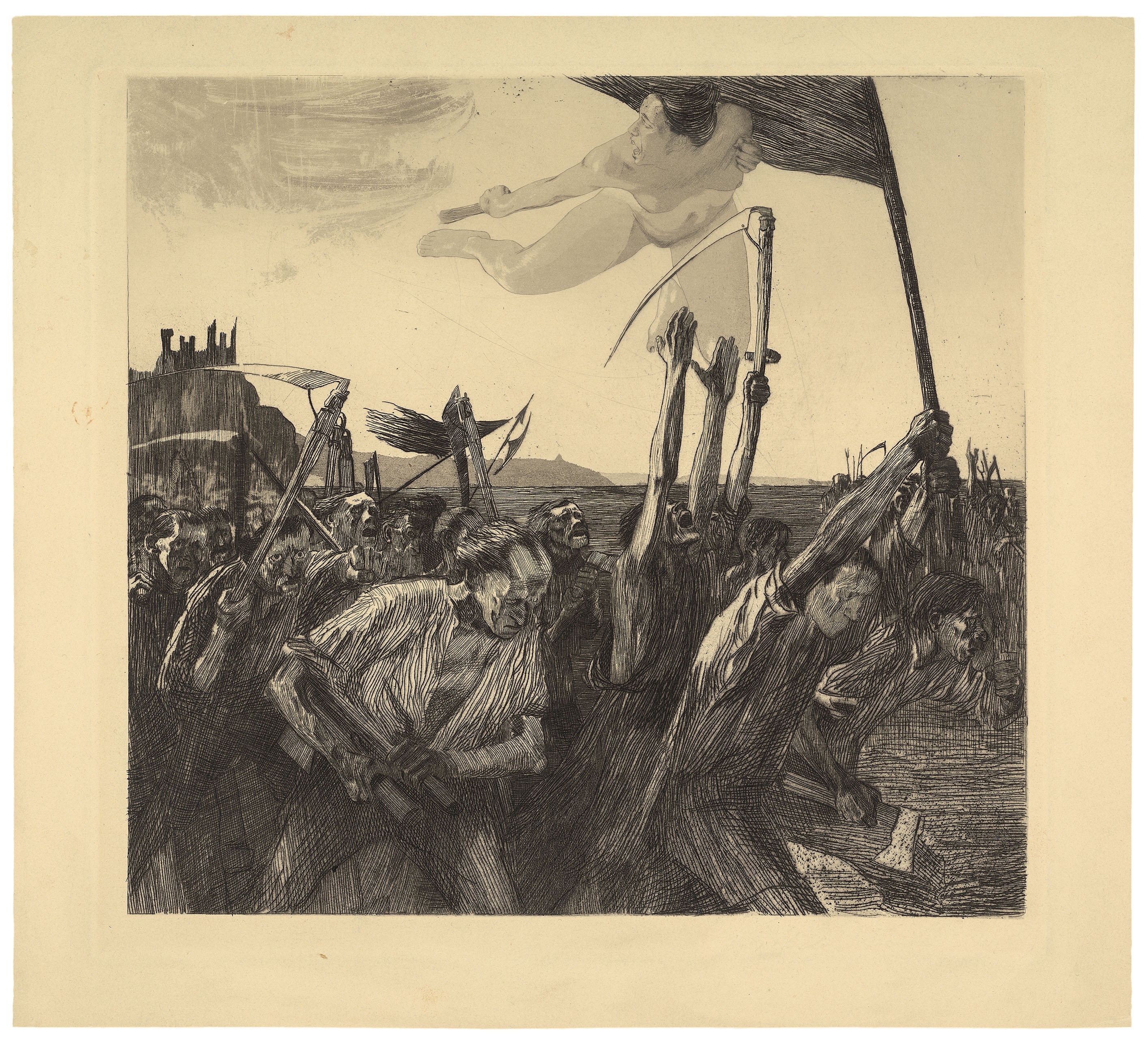 Käthe Kollwitz, Uprising, 1899, line etching, drypoint, aquatint, brush etching, sandpaper and roulette, 299 x 318 mm, Kn 46 VI d, Kollwitz Museum Köln, Inv. No. 70300/96009.